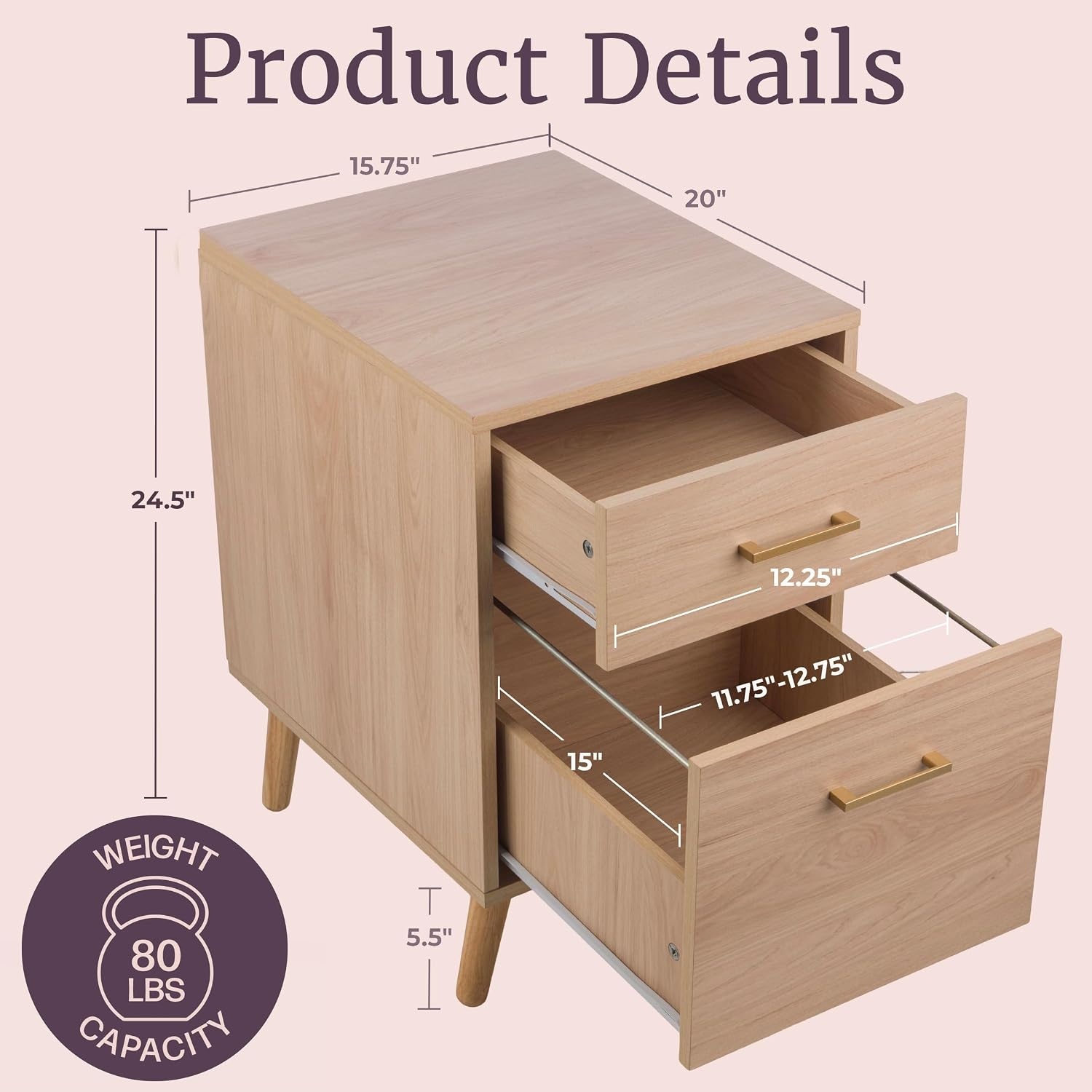 image:image2 Drawer File Cabinet Wooden Small Filing Cabinet with 2 Storage Drawers and Adjustable Hanging File Bar Under Desk Drawers for Home Office Organization and Storage by Lavish Home Natural