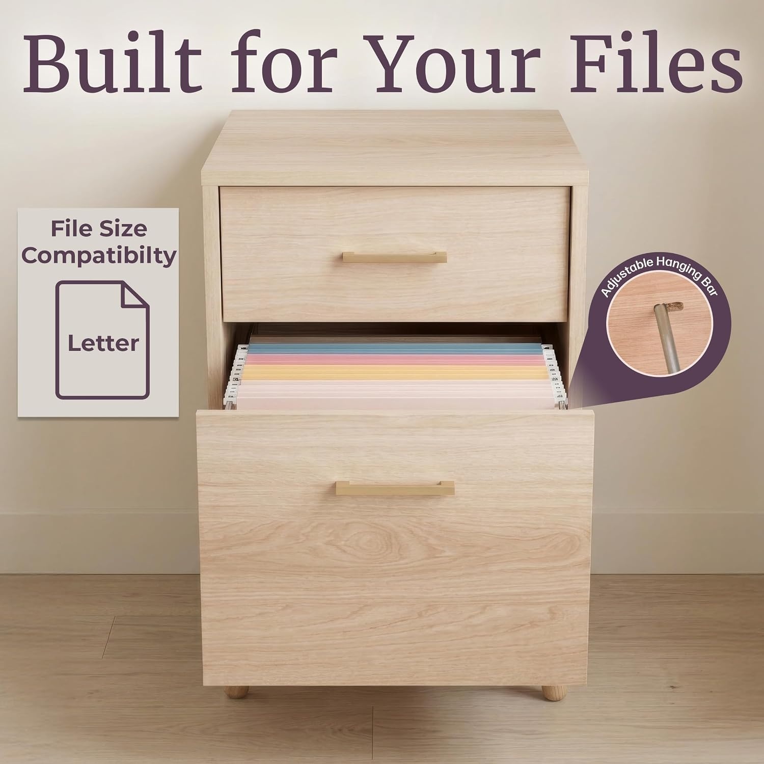 image:image2 Drawer File Cabinet Wooden Small Filing Cabinet with 2 Storage Drawers and Adjustable Hanging File Bar Under Desk Drawers for Home Office Organization and Storage by Lavish Home Natural