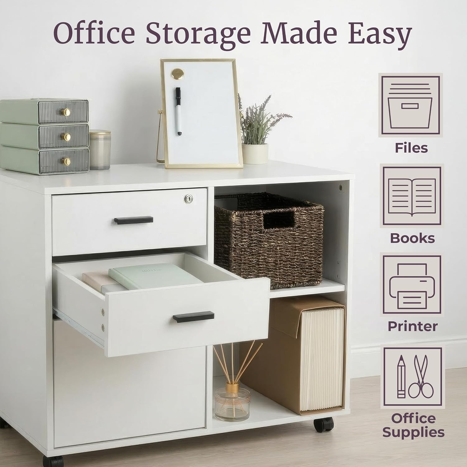 image:image3 Drawer File Cabinet with Lock Wooden Lateral Filing Cabinet with 3 Storage Drawers and Adjustable Shelf Rolling Printer Stand for Home Office Organization and Storage by Lavish Home White