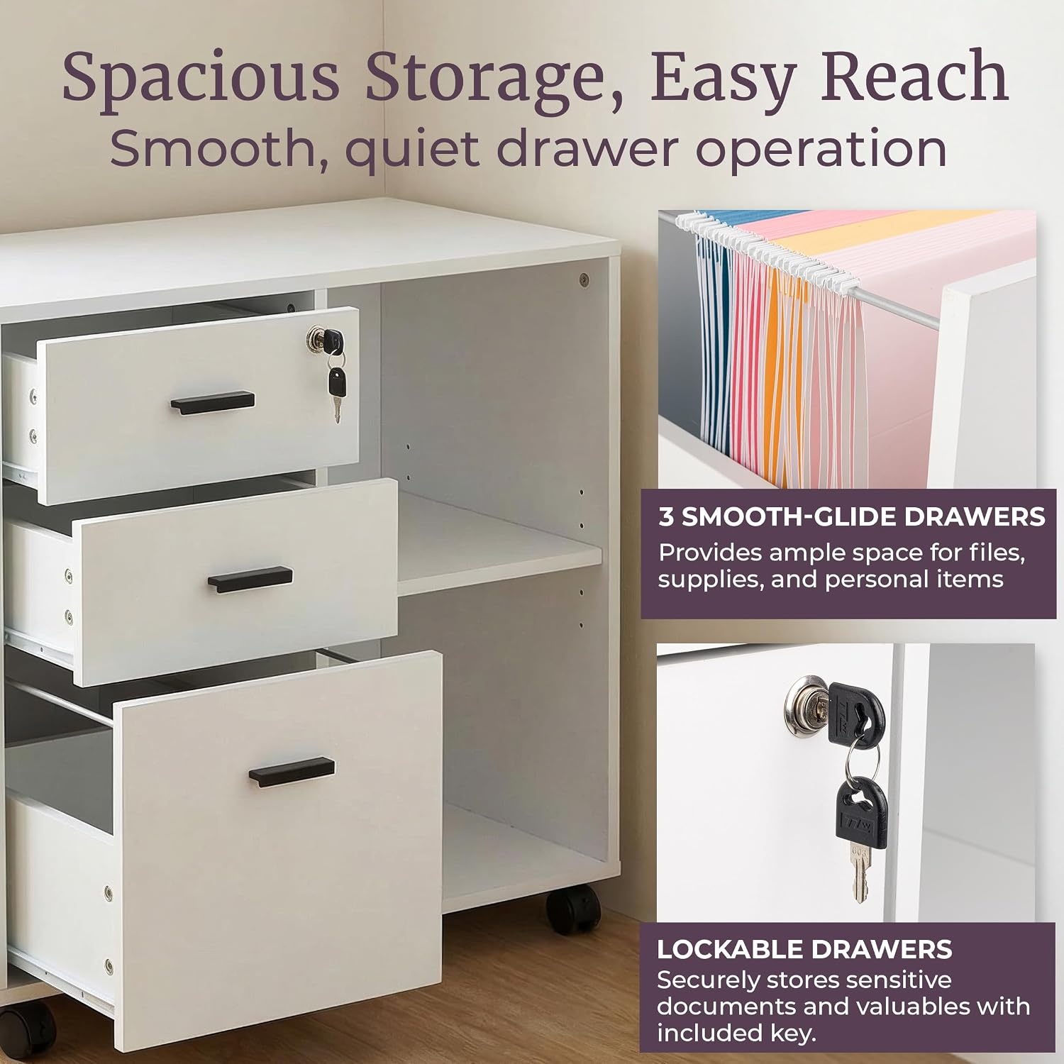 image:image3 Drawer File Cabinet with Lock Wooden Lateral Filing Cabinet with 3 Storage Drawers and Adjustable Shelf Rolling Printer Stand for Home Office Organization and Storage by Lavish Home White