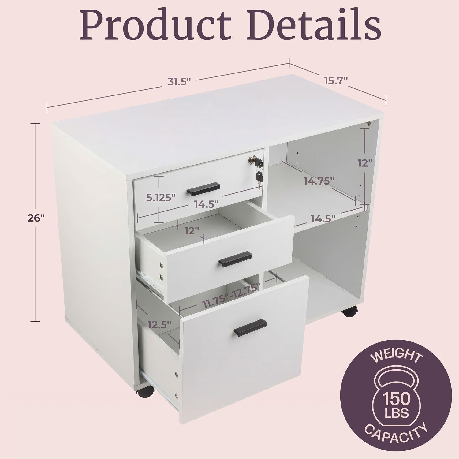 image:image3 Drawer File Cabinet with Lock Wooden Lateral Filing Cabinet with 3 Storage Drawers and Adjustable Shelf Rolling Printer Stand for Home Office Organization and Storage by Lavish Home White