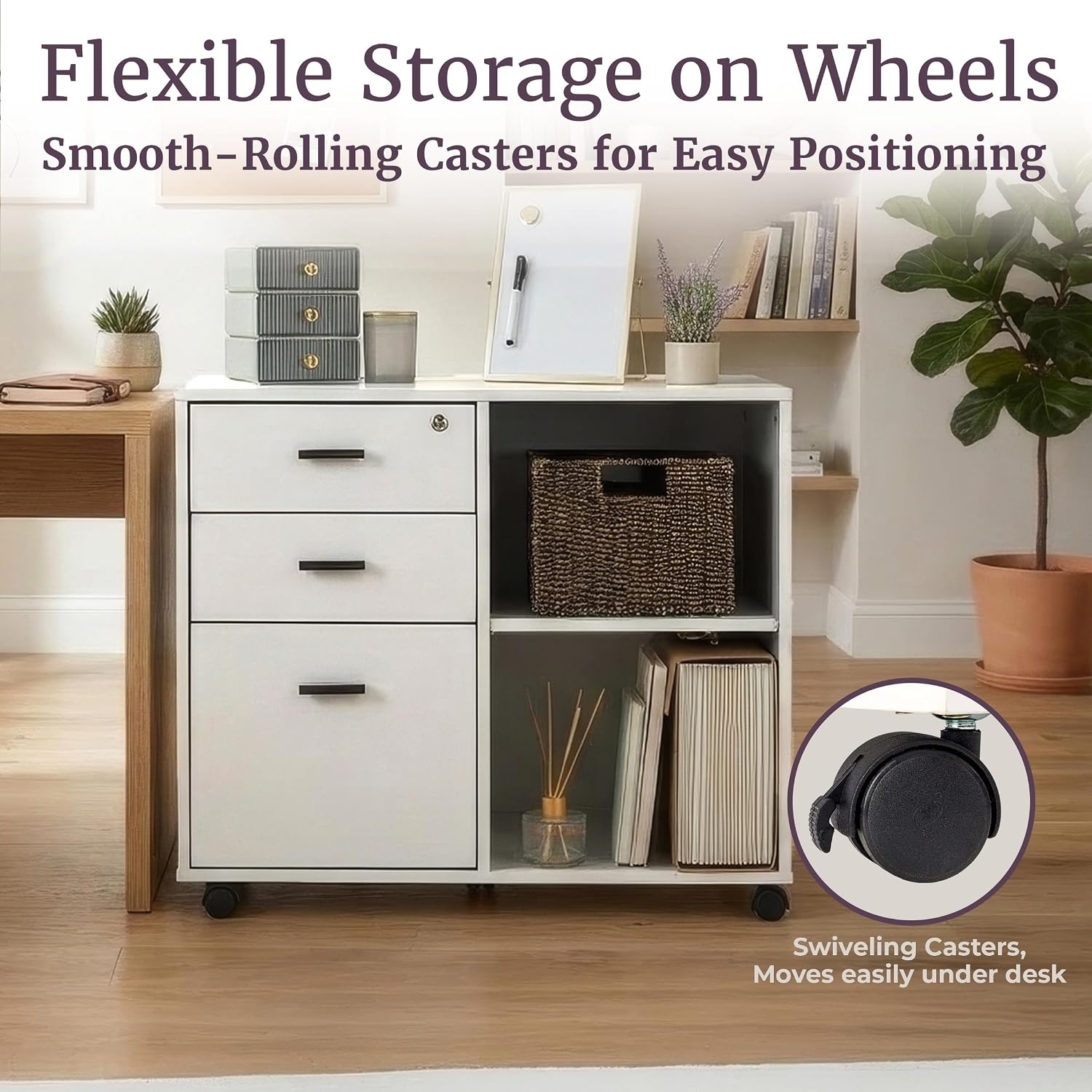 image:image3 Drawer File Cabinet with Lock Wooden Lateral Filing Cabinet with 3 Storage Drawers and Adjustable Shelf Rolling Printer Stand for Home Office Organization and Storage by Lavish Home White