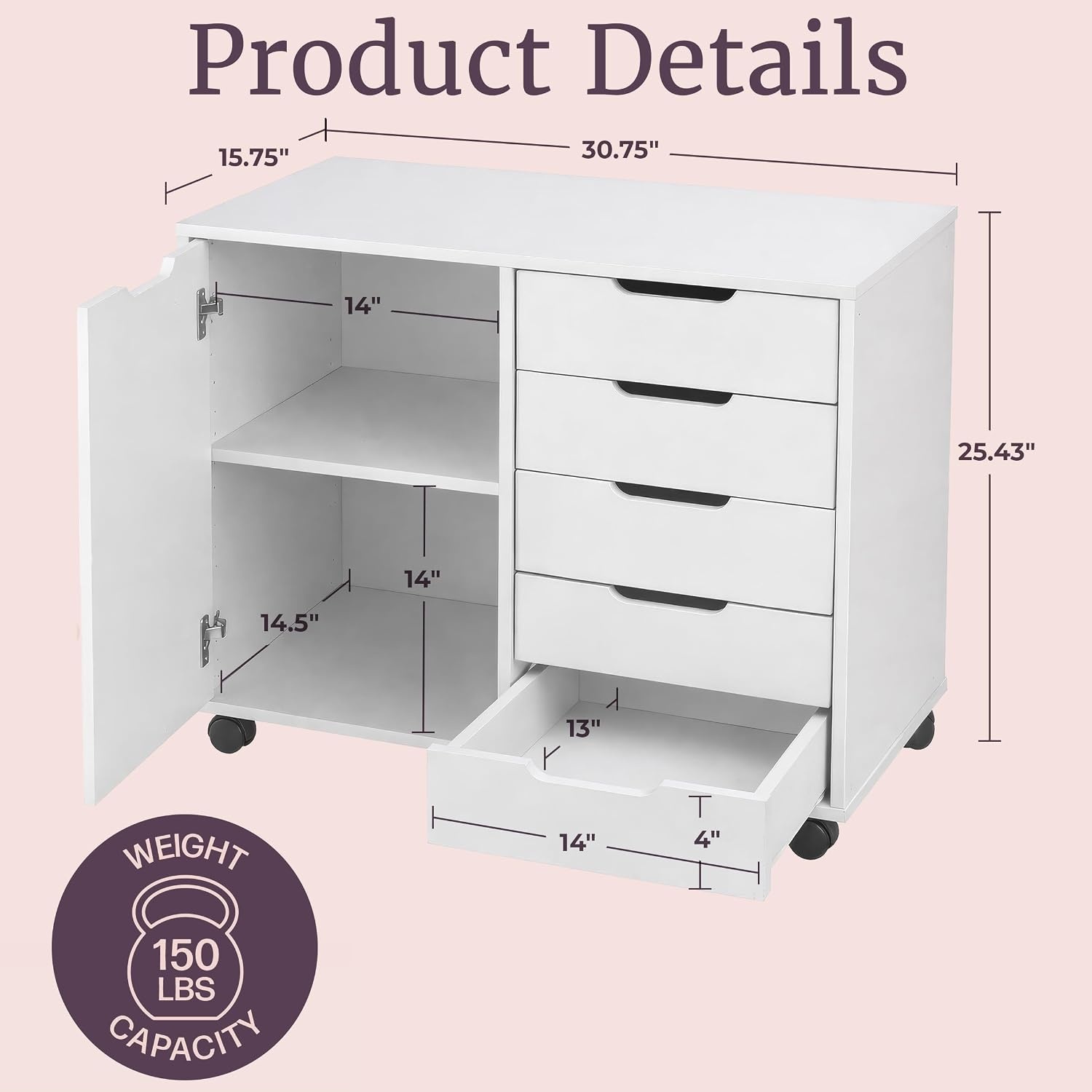 image:image5 Drawer Office Storage Cabinet Wooden Lateral File Cabinet with 5 Drawers Door and Adjustable Shelves Rolling Printer Stand for Home Office Organization and Storage by Lavish Home White