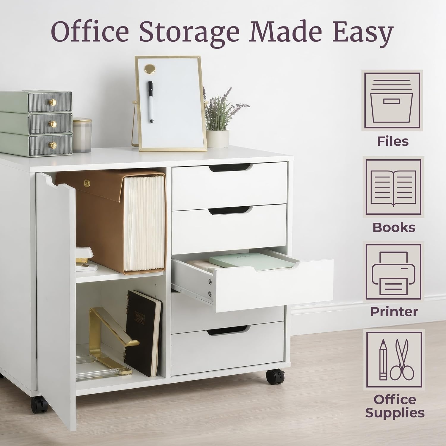 image:image5 Drawer Office Storage Cabinet Wooden Lateral File Cabinet with 5 Drawers Door and Adjustable Shelves Rolling Printer Stand for Home Office Organization and Storage by Lavish Home White
