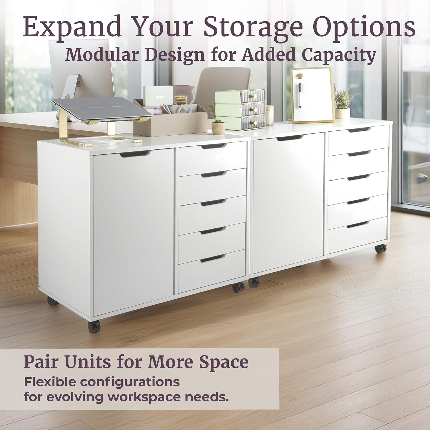 image:image5 Drawer Office Storage Cabinet Wooden Lateral File Cabinet with 5 Drawers Door and Adjustable Shelves Rolling Printer Stand for Home Office Organization and Storage by Lavish Home White