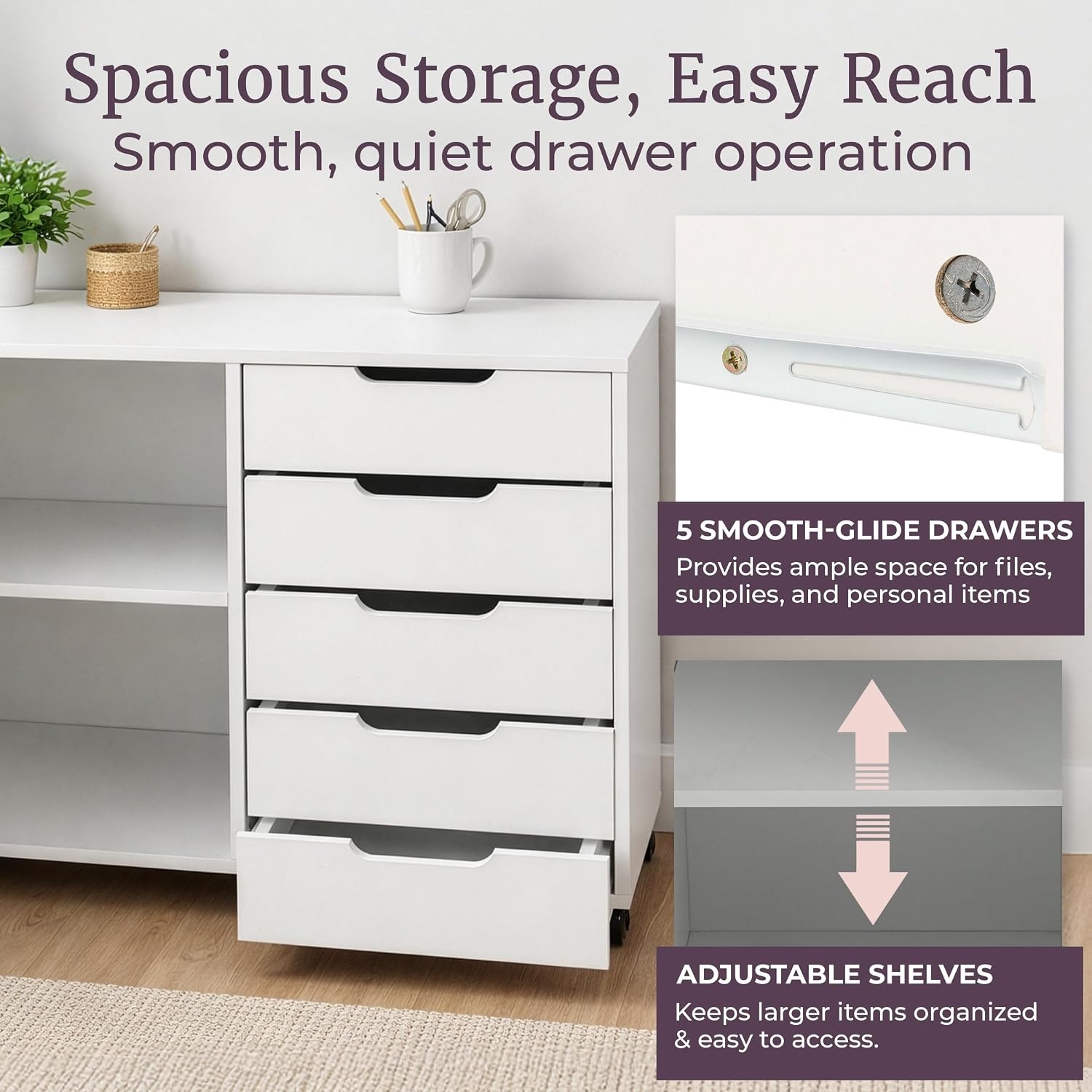 image:image5 Drawer Office Storage Cabinet Wooden Lateral File Cabinet with 5 Drawers Door and Adjustable Shelves Rolling Printer Stand for Home Office Organization and Storage by Lavish Home White