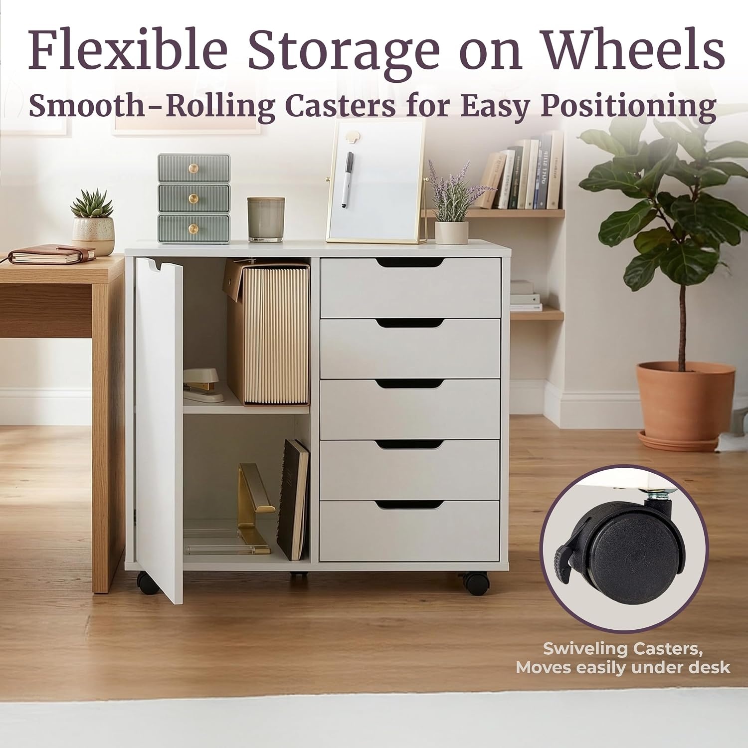 image:image5 Drawer Office Storage Cabinet Wooden Lateral File Cabinet with 5 Drawers Door and Adjustable Shelves Rolling Printer Stand for Home Office Organization and Storage by Lavish Home White