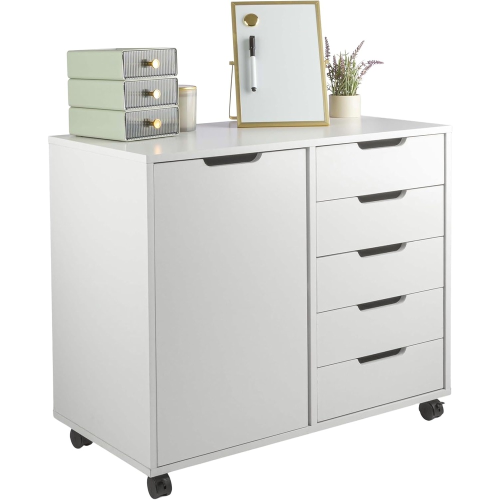 image:image5 Drawer Office Storage Cabinet Wooden Lateral File Cabinet with 5 Drawers Door and Adjustable Shelves Rolling Printer Stand for Home Office Organization and Storage by Lavish Home White
