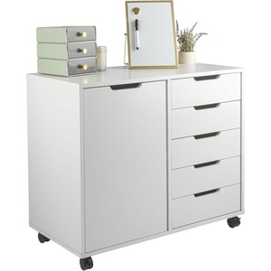 5 Drawer Office Storage Cabinet – Wooden Lateral File Cabinet with 5 Drawers, Door, and Adjustable Shelves – Rolling Printer Stand for Home Office Organization and Storage by Lavish Home (White)