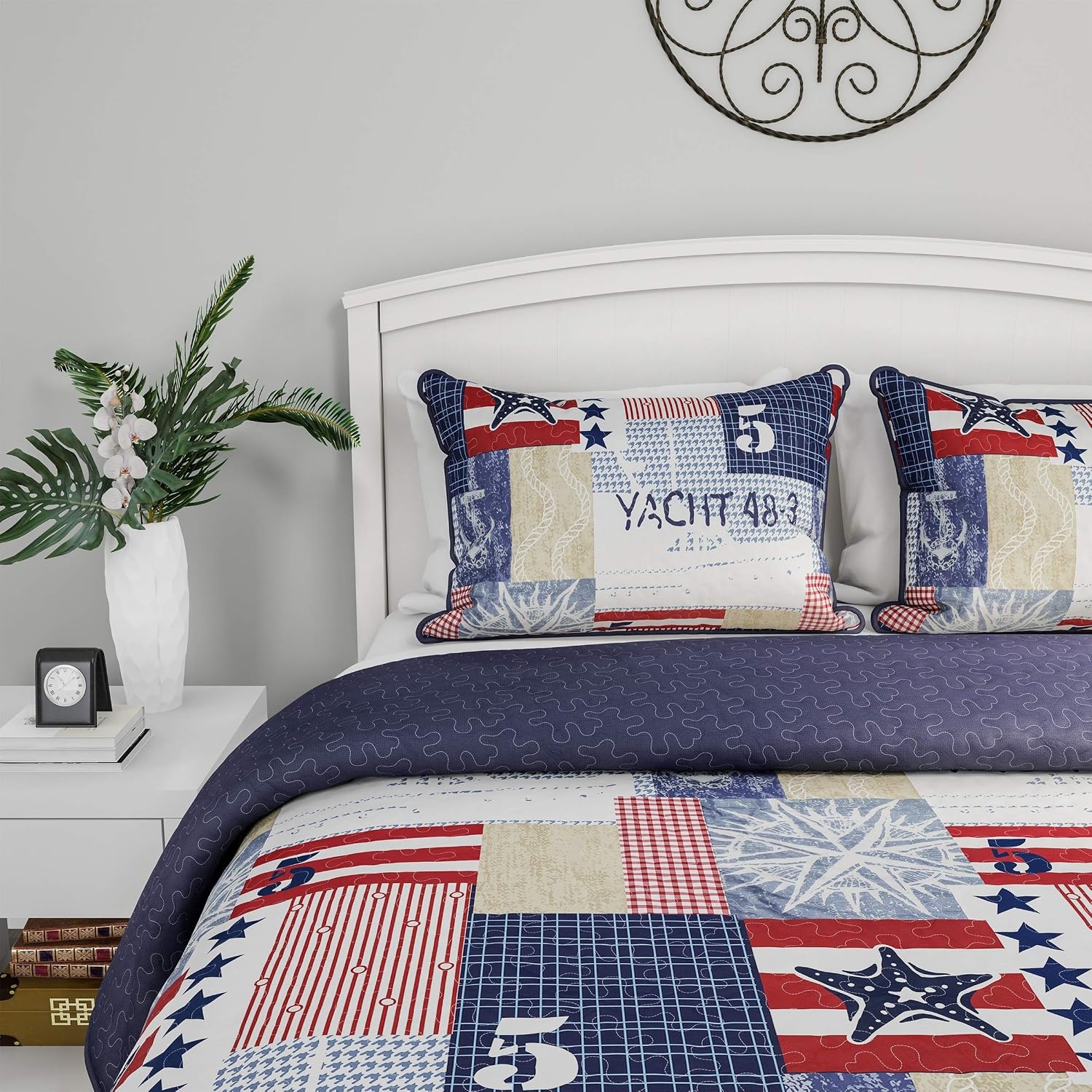 image:image2Piece Quilt Set Nautical Americana Patchwork Print AllSeason Soft Microfiber Bedspread with Shams Bedding by Bedford Home Twin