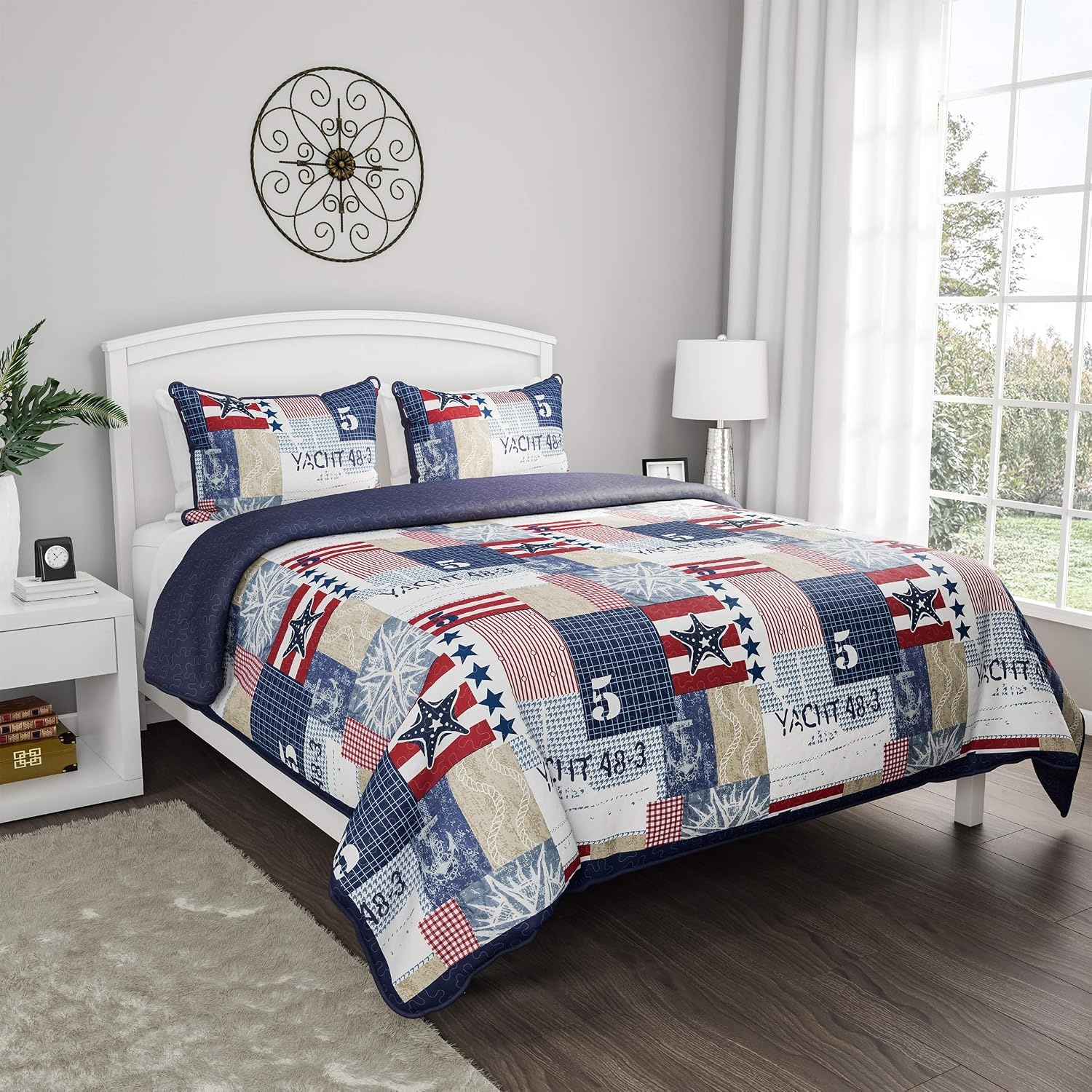 image:image2Piece Quilt Set Nautical Americana Patchwork Print AllSeason Soft Microfiber Bedspread with Shams Bedding by Bedford Home Twin
