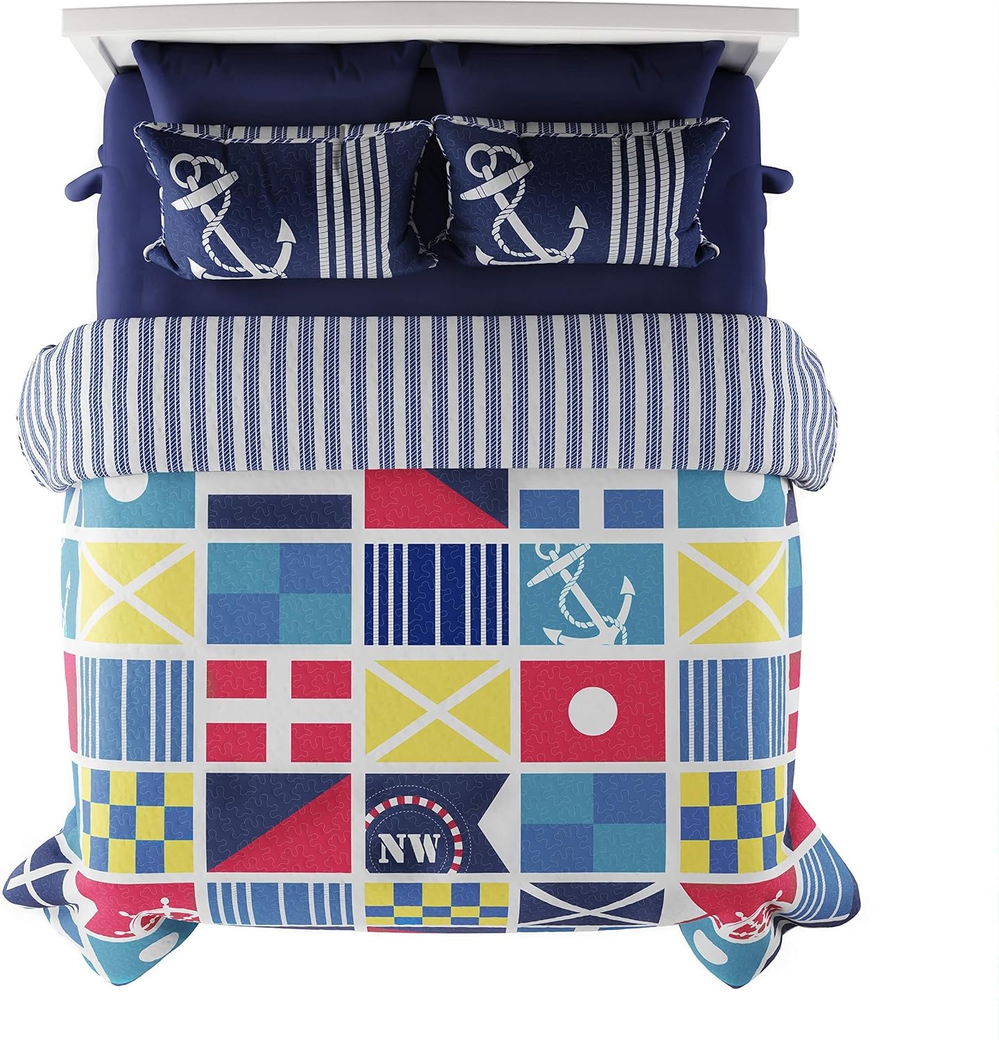 image:imageBedford Home Quilt Bedspread Set with Exclusive Mariner Design 2 Piece Twin XL Set with Pillow Sham Nautical Coastal Theme Reversible Hypoallergenic