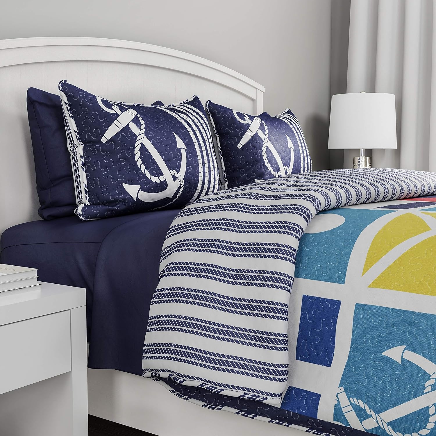 image:imageBedford Home Quilt Bedspread Set with Exclusive Mariner Design 2 Piece Twin XL Set with Pillow Sham Nautical Coastal Theme Reversible Hypoallergenic