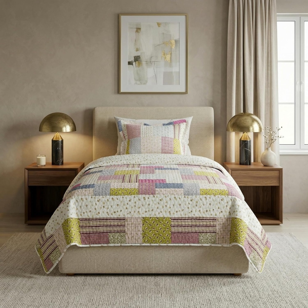 image:imageLavish Home 2Piece Quilt Set Savannah Classic Patchwork Twin Quilt with Pillow Sham Machine Washable Lightweight Bedding Multicolor