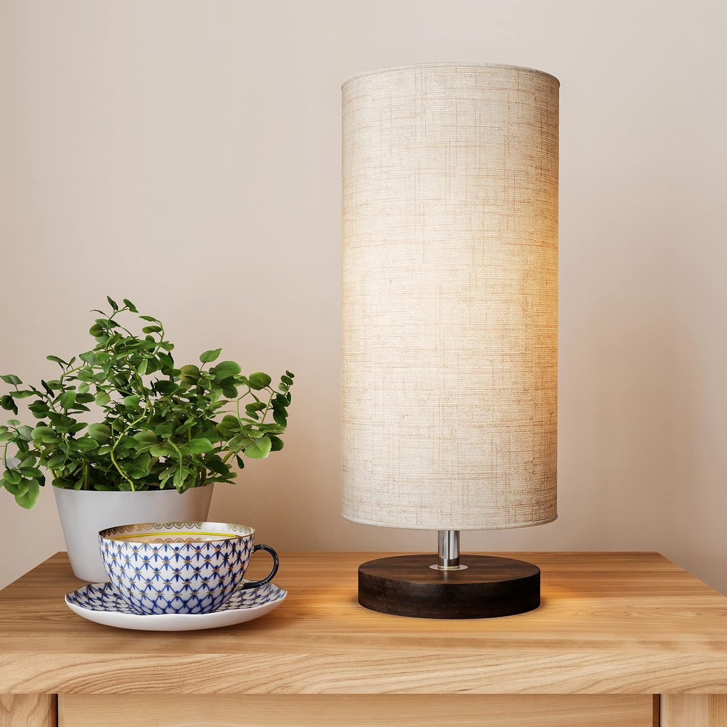 image:imageLavish Home Small Table Lamp Set with Wood Base Set of 2 Modern Cylinder Lights with LED Bulb IncludeDecor Living Room Bedroom or Home Office