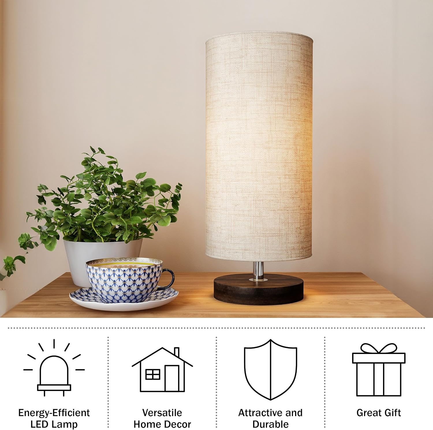 image:imageLavish Home Small Table Lamp Set with Wood Base Set of 2 Modern Cylinder Lights with LED Bulb IncludeDecor Living Room Bedroom or Home Office