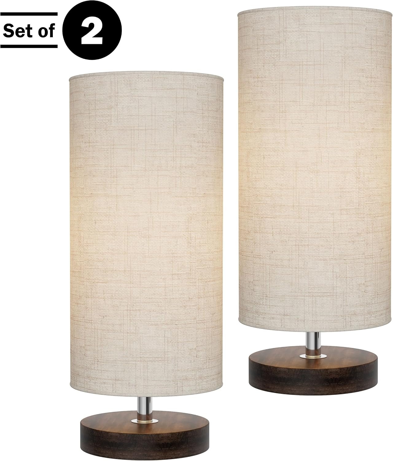 image:imageLavish Home Small Table Lamp Set with Wood Base Set of 2 Modern Cylinder Lights with LED Bulb IncludeDecor Living Room Bedroom or Home Office