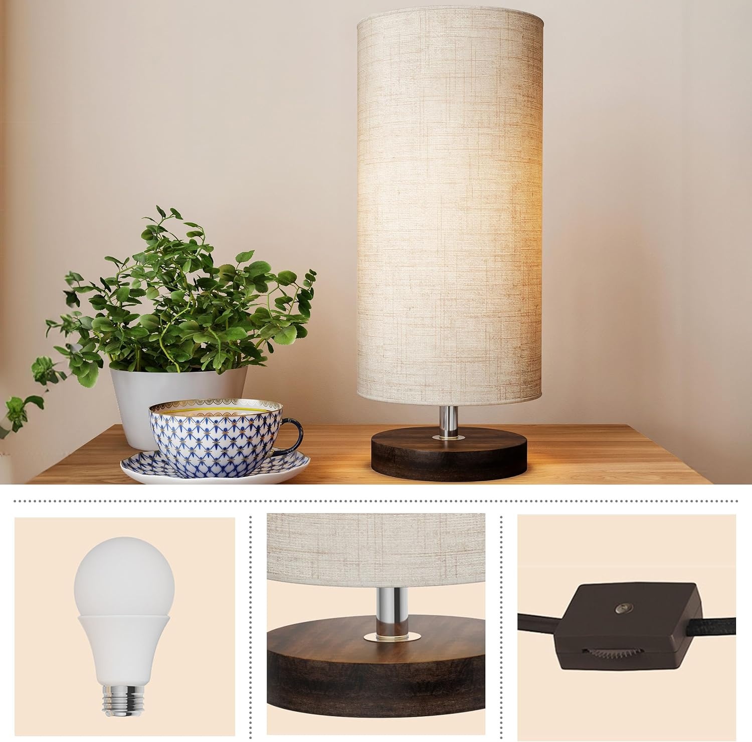 image:imageLavish Home Small Table Lamp Set with Wood Base Set of 2 Modern Cylinder Lights with LED Bulb IncludeDecor Living Room Bedroom or Home Office