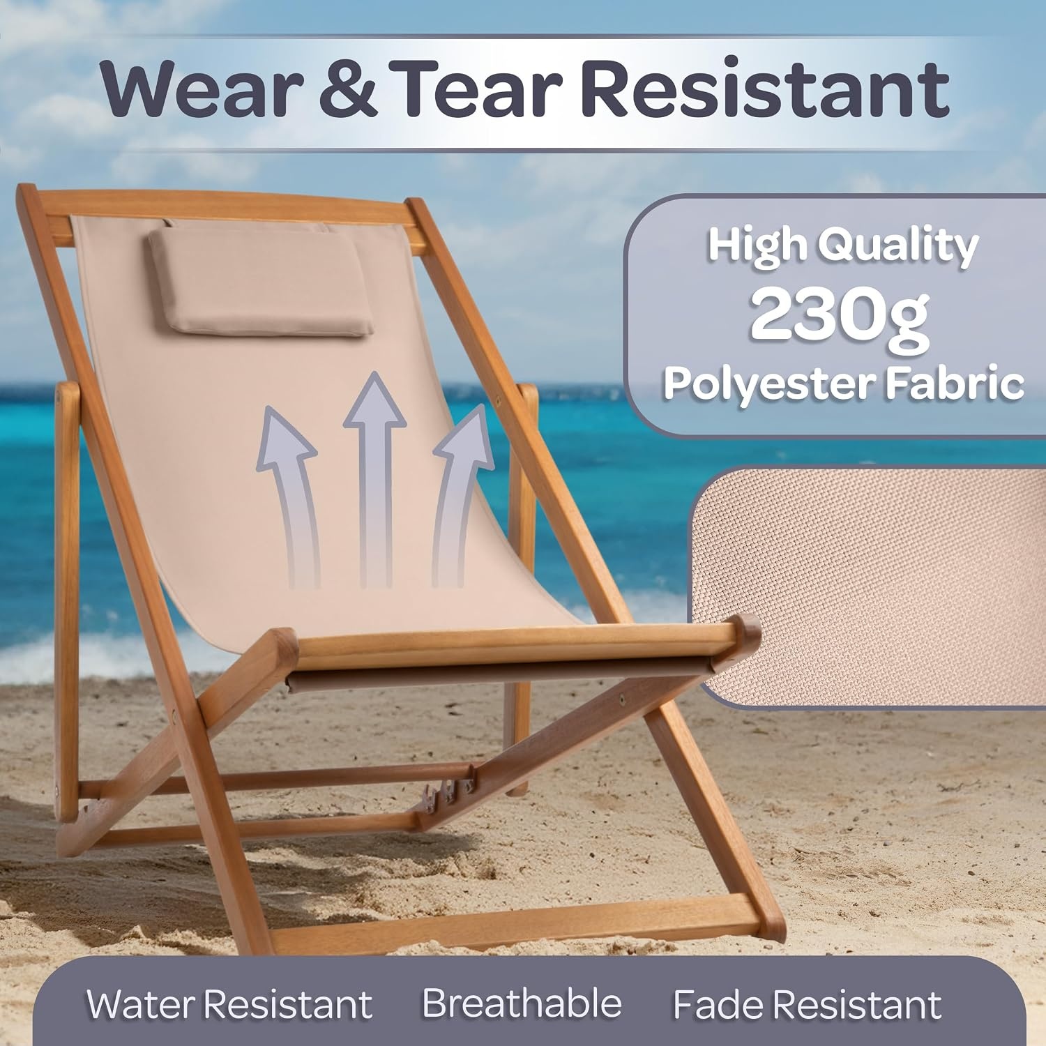 image:imageBeach Lounge Chair Adjustable Height Reclining Sling Chair Portable Wood Folding Chairs Folding Lounge Chairs for Outside Patio Balcony or Camping Outdoor Furniture by Lavish Home BlueBeige