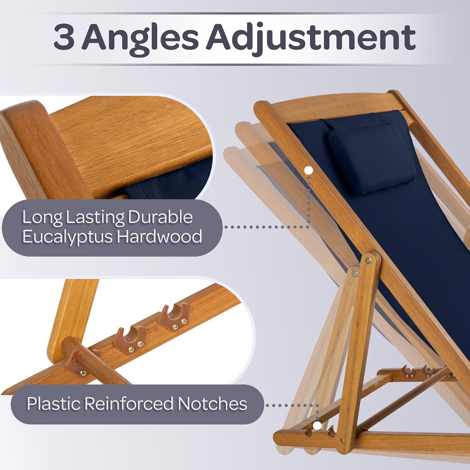 image:imageBeach Lounge Chair Adjustable Height Reclining Sling Chair Portable Wood Folding Chairs Folding Lounge Chairs for Outside Patio Balcony or Camping Outdoor Furniture by Lavish Home BlueBlue