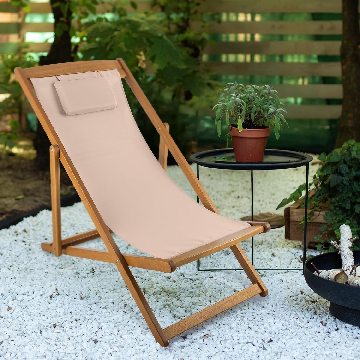 image:imageBeach Lounge Chair Adjustable Height Reclining Sling Chair Portable Wood Folding Chairs Folding Lounge Chairs for Outside Patio Balcony or Camping Outdoor Furniture by Lavish Home BlueBeige