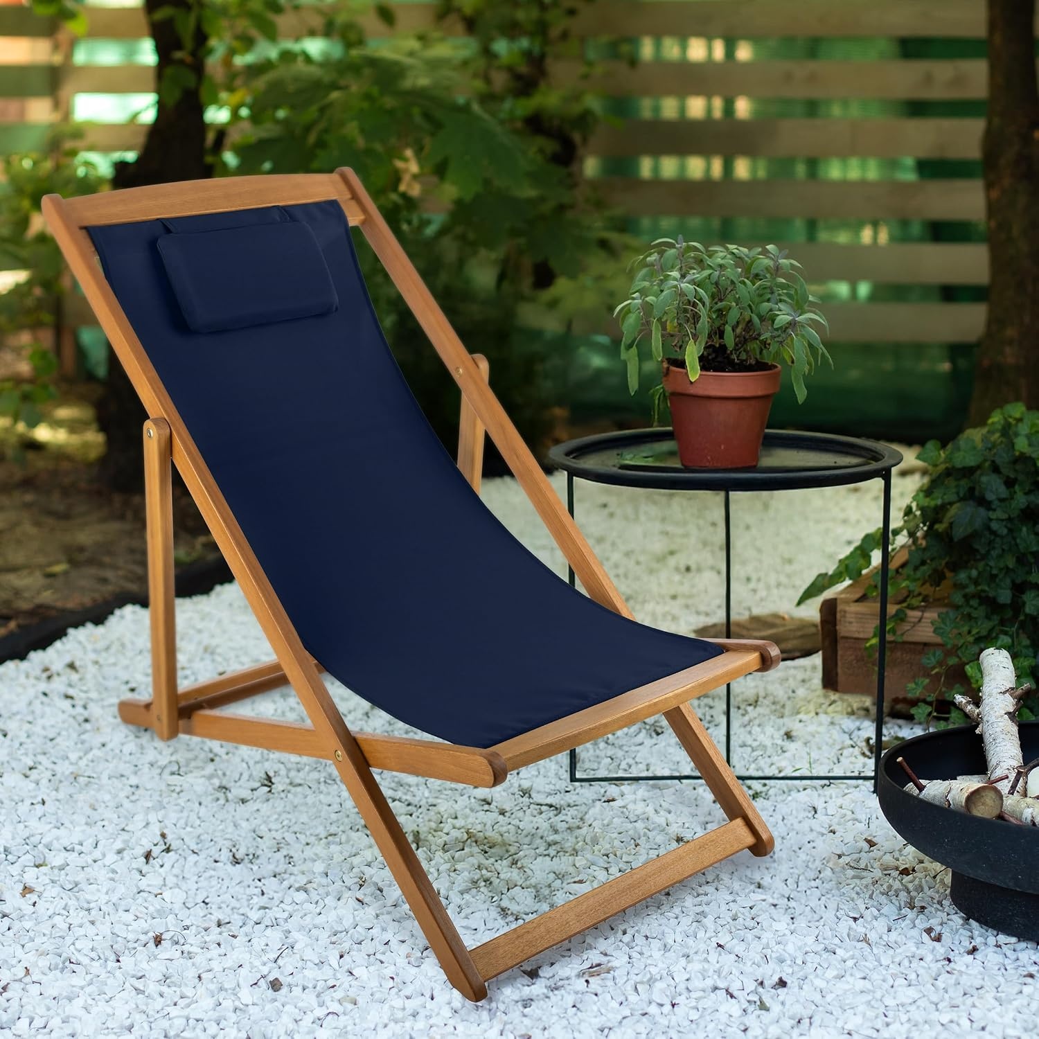 image:imageBeach Lounge Chair Adjustable Height Reclining Sling Chair Portable Wood Folding Chairs Folding Lounge Chairs for Outside Patio Balcony or Camping Outdoor Furniture by Lavish Home BlueBlue