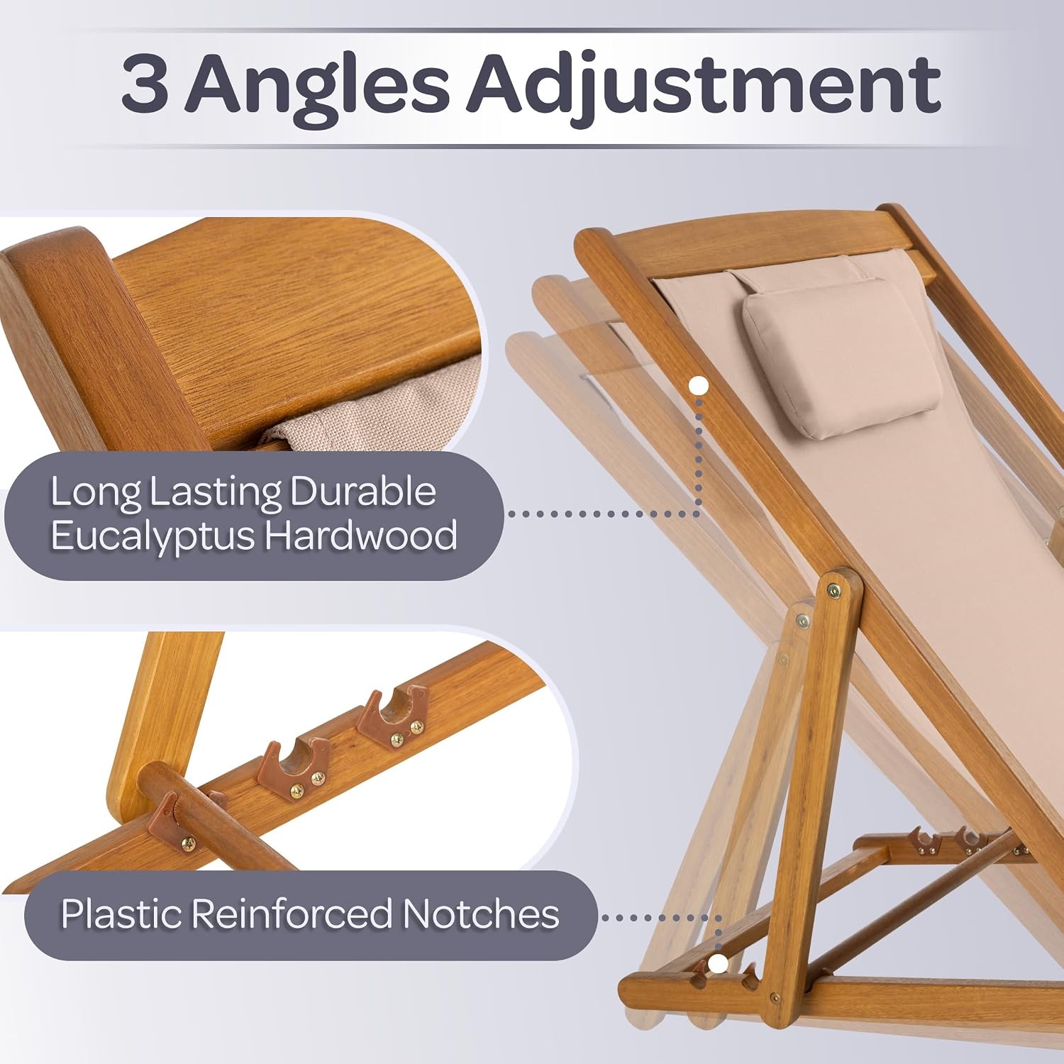 image:imageBeach Lounge Chair Adjustable Height Reclining Sling Chair Portable Wood Folding Chairs Folding Lounge Chairs for Outside Patio Balcony or Camping Outdoor Furniture by Lavish Home BlueBeige
