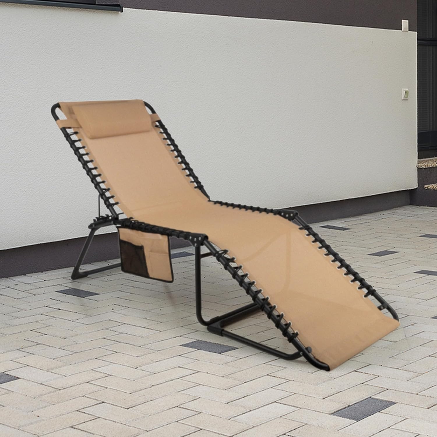 image:imageFolding Lounge Chair Outdoor Recliner 3 Position Chaise Lounge Outdoor Beach Tanning Chair with Side Pocket and Removable Pillow Portable Patio Furniture for Pool or Lawn by Lavish Home Beige