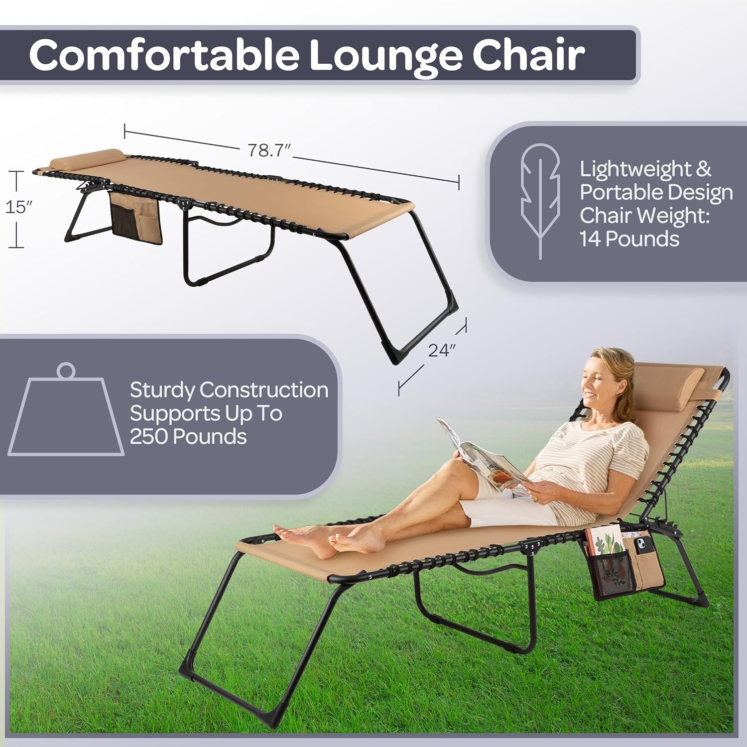 image:imageFolding Lounge Chair Outdoor Recliner 3 Position Chaise Lounge Outdoor Beach Tanning Chair with Side Pocket and Removable Pillow Portable Patio Furniture for Pool or Lawn by Lavish Home Beige