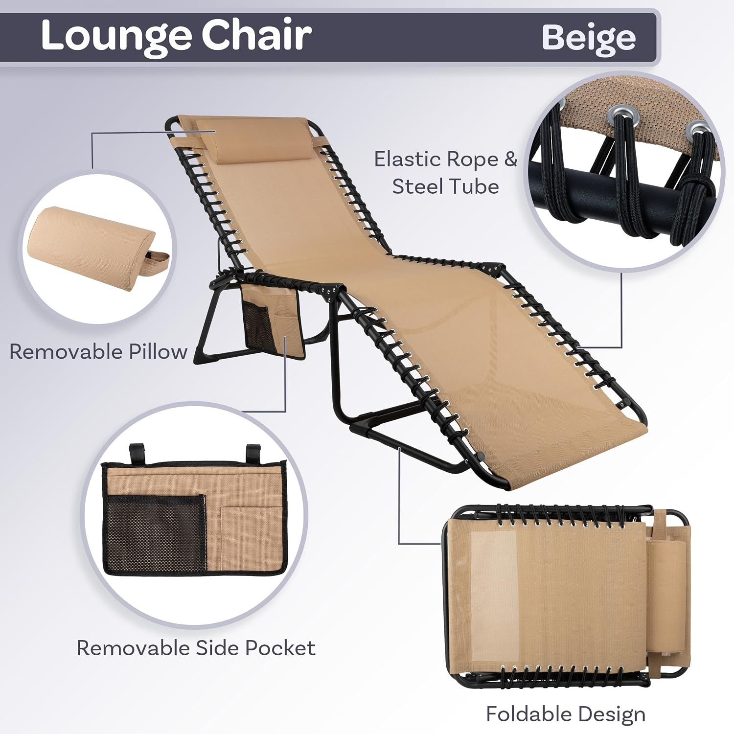image:imageFolding Lounge Chair Outdoor Recliner 3 Position Chaise Lounge Outdoor Beach Tanning Chair with Side Pocket and Removable Pillow Portable Patio Furniture for Pool or Lawn by Lavish Home Beige