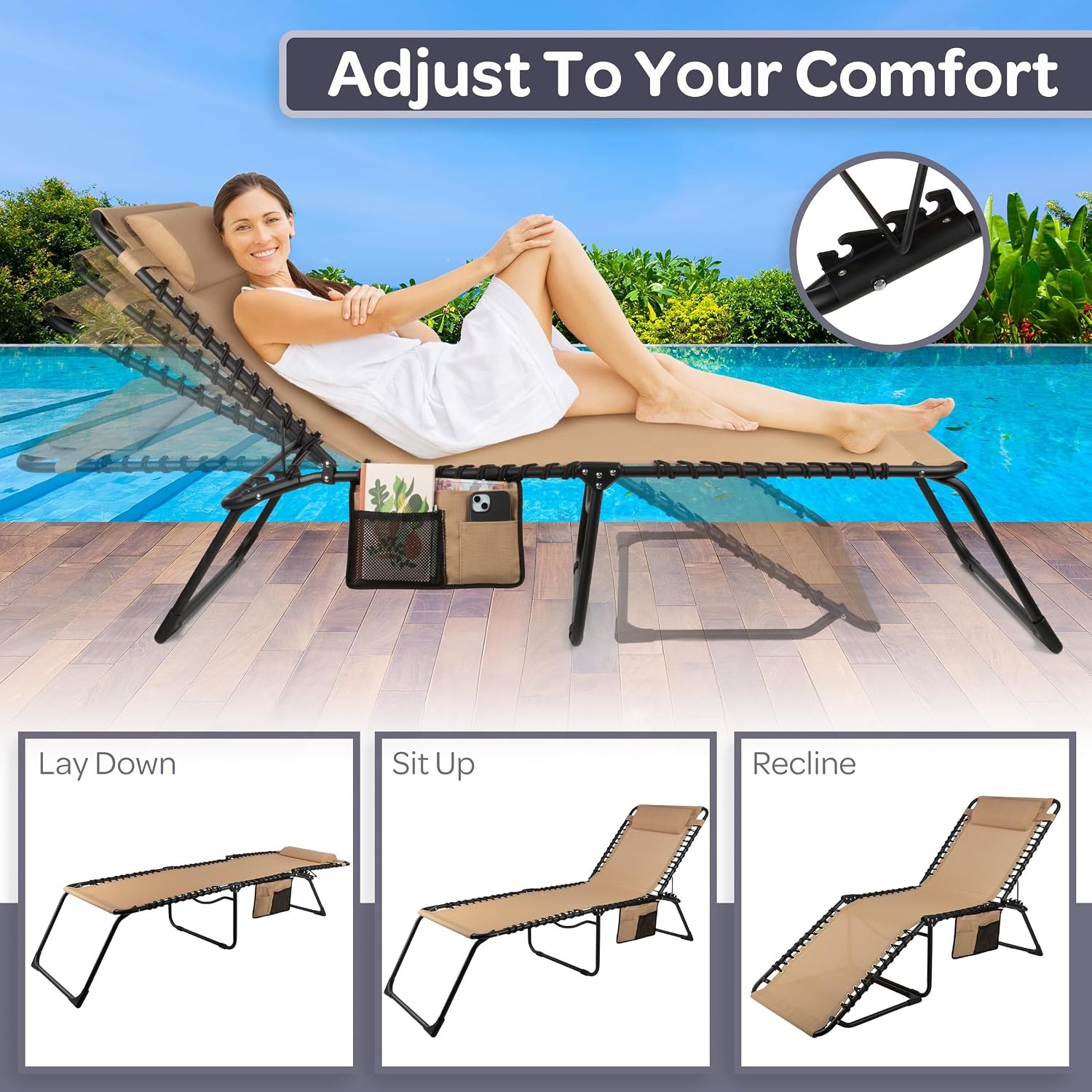image:imageFolding Lounge Chair Outdoor Recliner 3 Position Chaise Lounge Outdoor Beach Tanning Chair with Side Pocket and Removable Pillow Portable Patio Furniture for Pool or Lawn by Lavish Home Beige