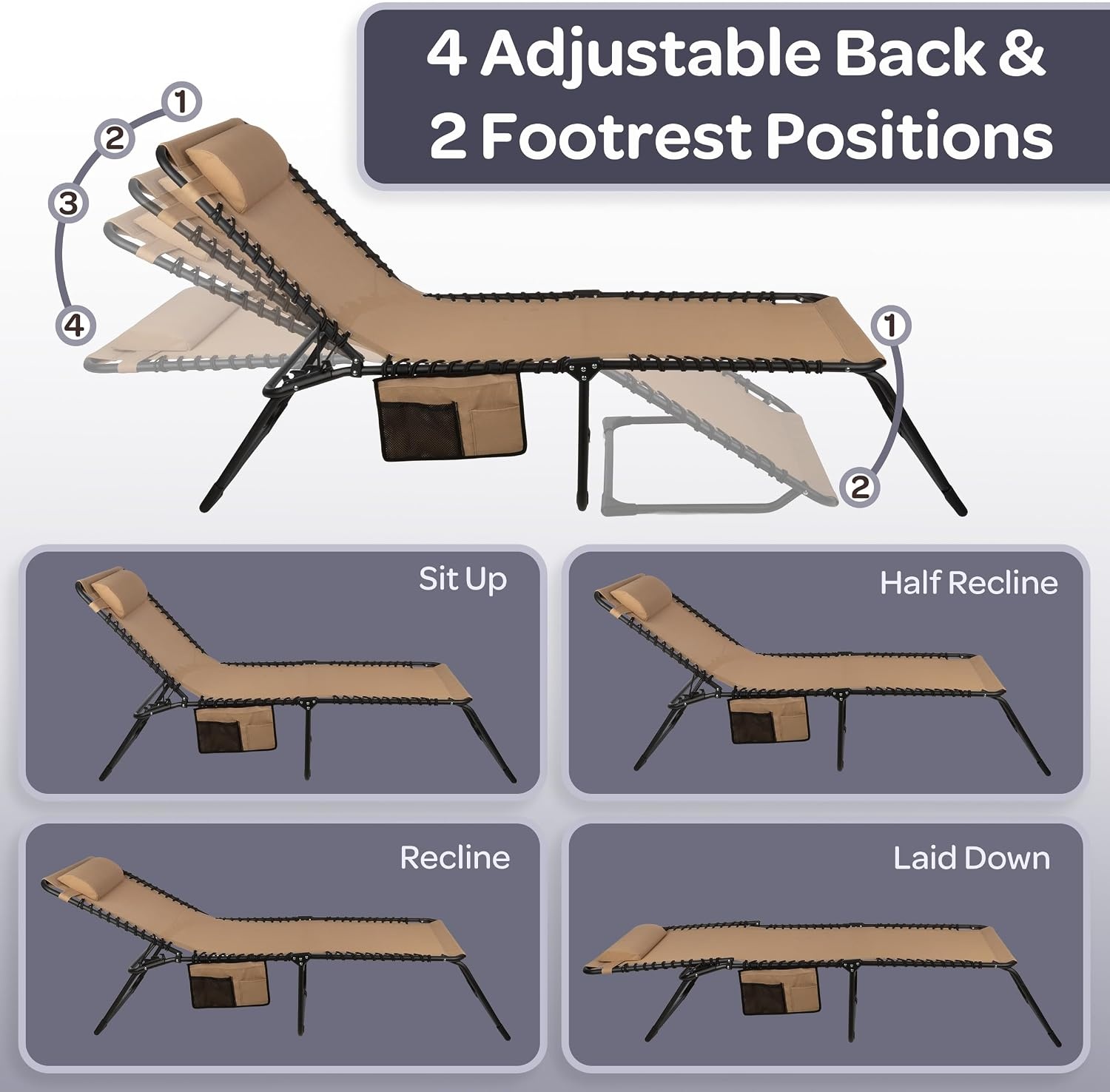 image:imageFolding Lounge Chair Outdoor Recliner 3 Position Chaise Lounge Outdoor Beach Tanning Chair with Side Pocket and Removable Pillow Portable Patio Furniture for Pool or Lawn by Lavish Home Beige