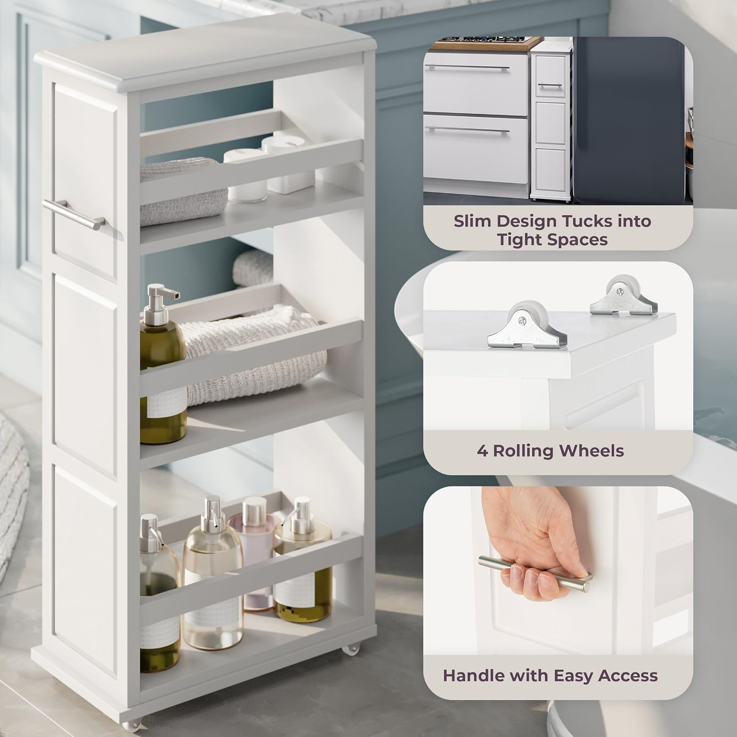 image:imageLavish Home 3 Tier Slim Utility Rolling Storage Cart White 25W x 57D Narrow Rolling Cart Storage Organizer with Handle and Wheels for Bathroom Laundry Room and Kitchen PullOut Home OrganizerWhite