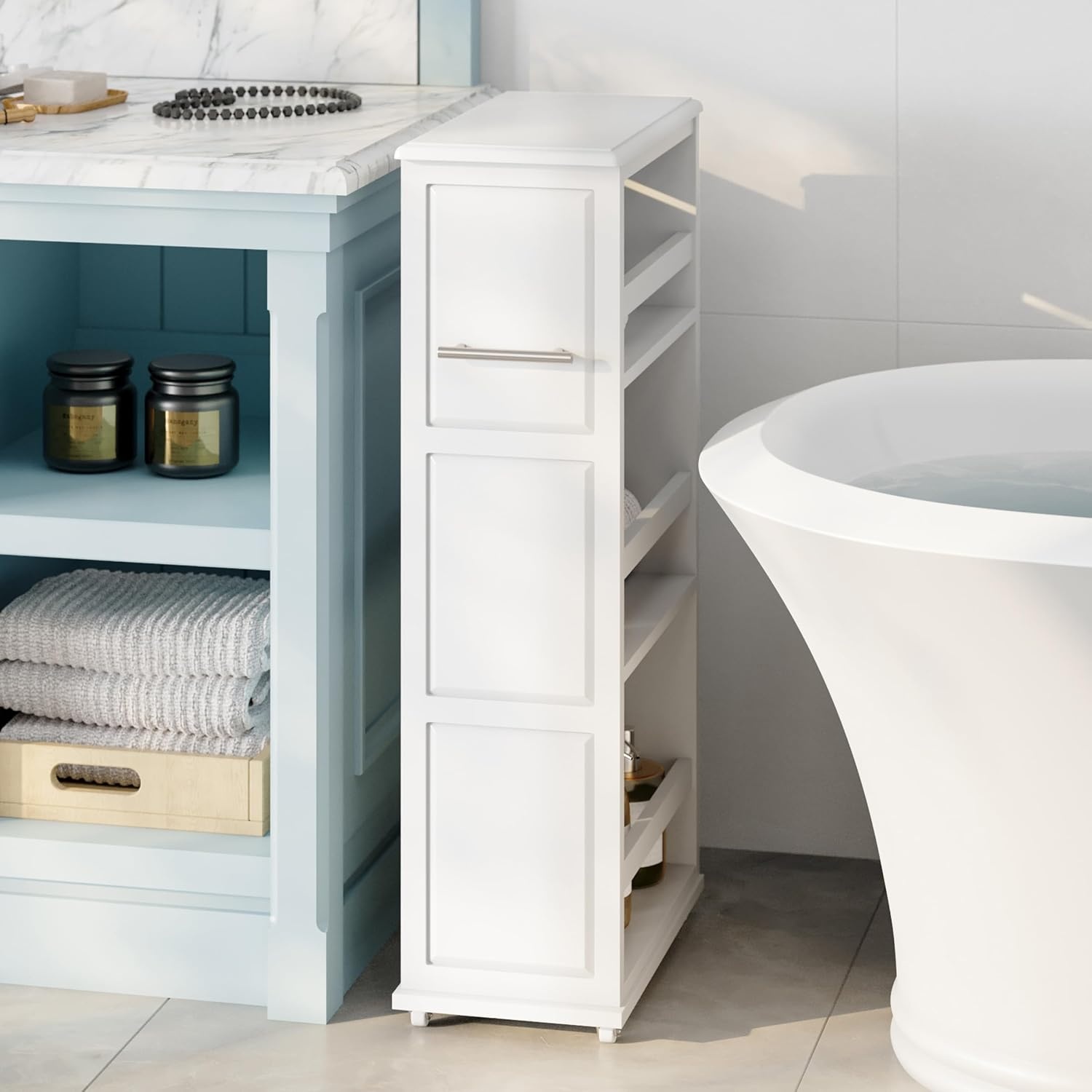 image:imageLavish Home 3 Tier Slim Utility Rolling Storage Cart White 25W x 57D Narrow Rolling Cart Storage Organizer with Handle and Wheels for Bathroom Laundry Room and Kitchen PullOut Home OrganizerWhite