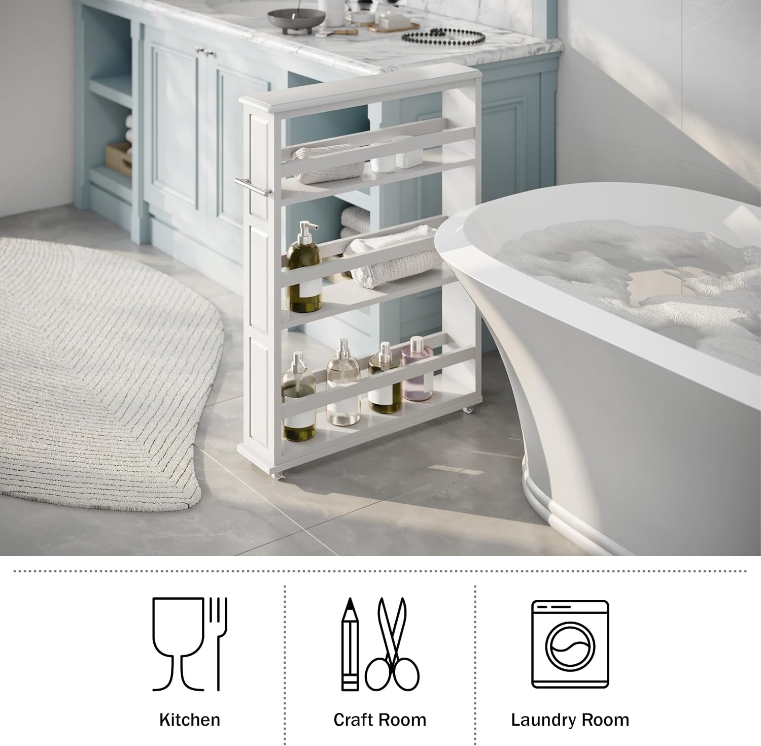 image:imageLavish Home 3 Tier Slim Utility Rolling Storage Cart White 25W x 57D Narrow Rolling Cart Storage Organizer with Handle and Wheels for Bathroom Laundry Room and Kitchen PullOut Home OrganizerWhite