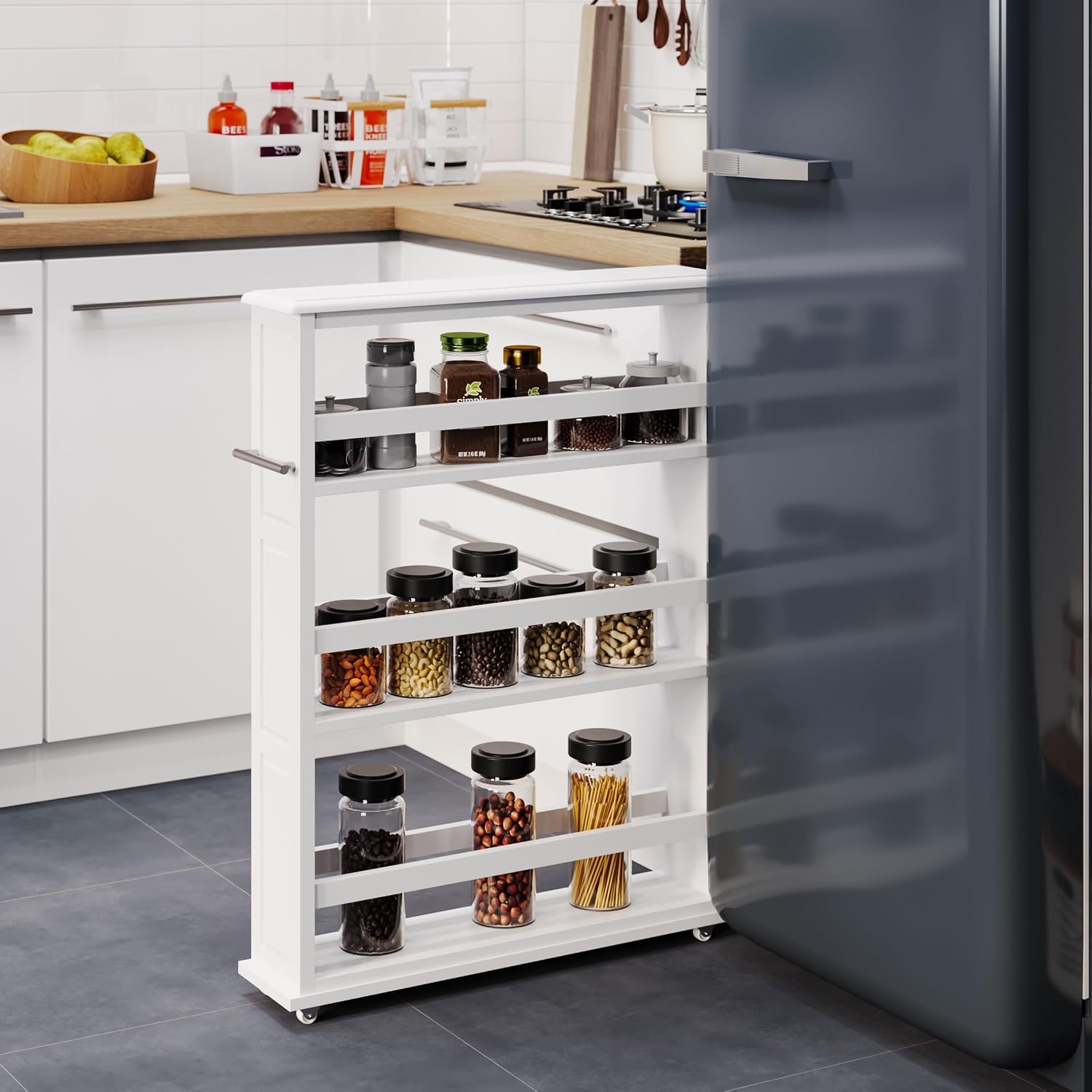 image:imageLavish Home 3 Tier Slim Utility Rolling Storage Cart White 25W x 57D Narrow Rolling Cart Storage Organizer with Handle and Wheels for Bathroom Laundry Room and Kitchen PullOut Home OrganizerWhite