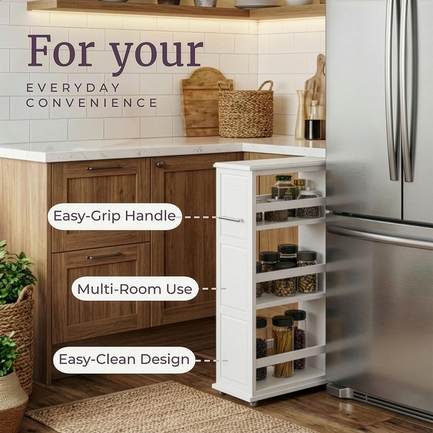 image:imageLavish Home 3 Tier Slim Utility Rolling Storage Cart White 25W x 57D Narrow Rolling Cart Storage Organizer with Handle and Wheels for Bathroom Laundry Room and Kitchen PullOut Home OrganizerWhite