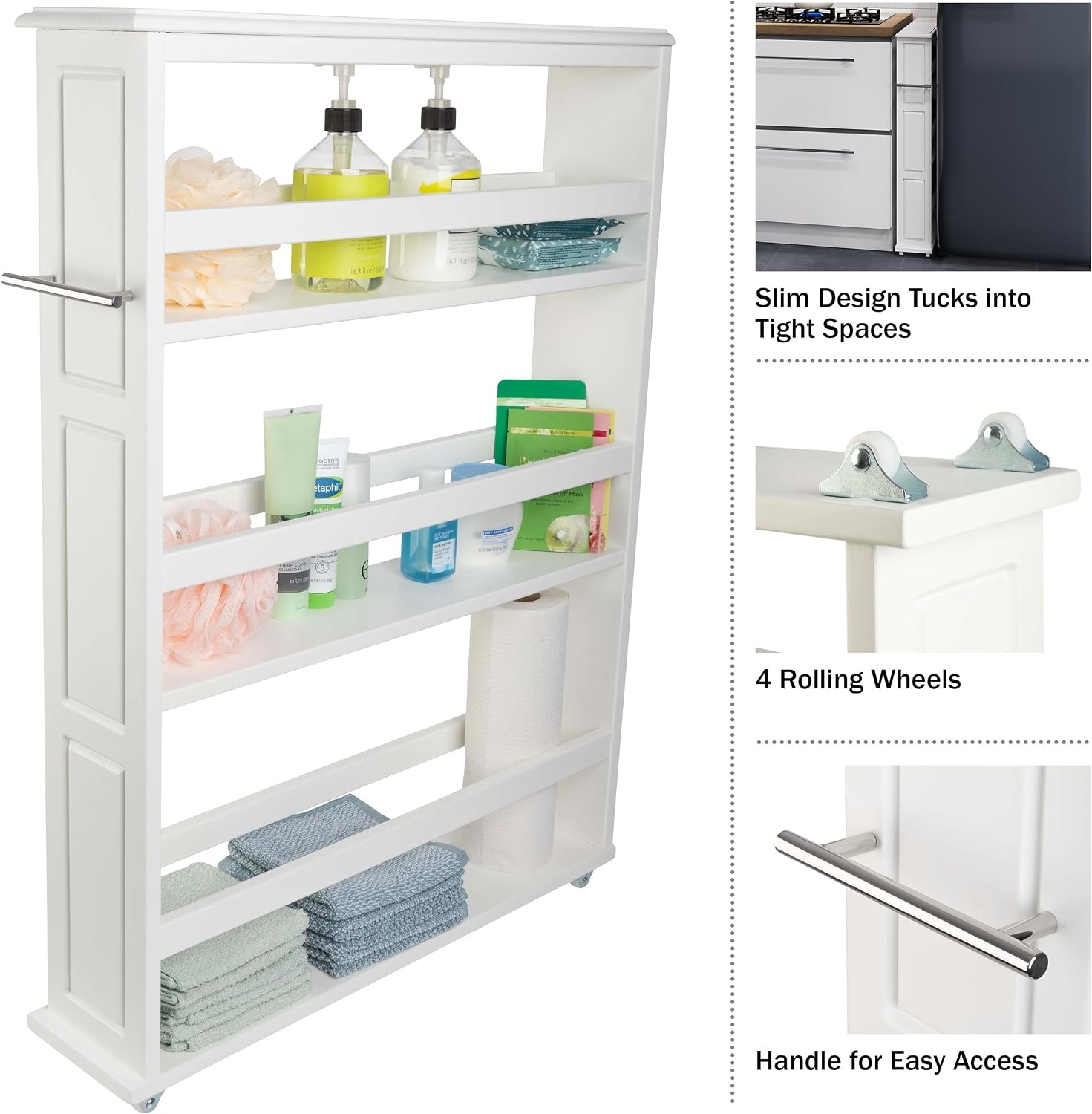image:imageLavish Home 3 Tier Slim Utility Rolling Storage Cart White 25W x 57D Narrow Rolling Cart Storage Organizer with Handle and Wheels for Bathroom Laundry Room and Kitchen PullOut Home OrganizerWhite