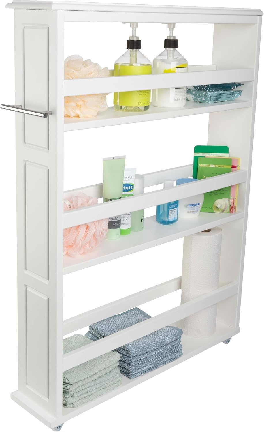image:imageLavish Home 3 Tier Slim Utility Rolling Storage Cart White 25W x 57D Narrow Rolling Cart Storage Organizer with Handle and Wheels for Bathroom Laundry Room and Kitchen PullOut Home OrganizerWhite