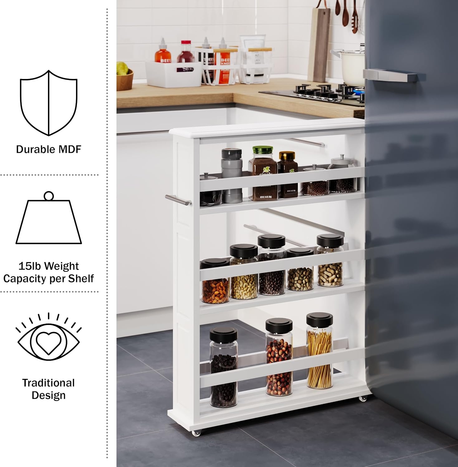 image:imageLavish Home 3 Tier Slim Utility Rolling Storage Cart White 25W x 57D Narrow Rolling Cart Storage Organizer with Handle and Wheels for Bathroom Laundry Room and Kitchen PullOut Home OrganizerWhite