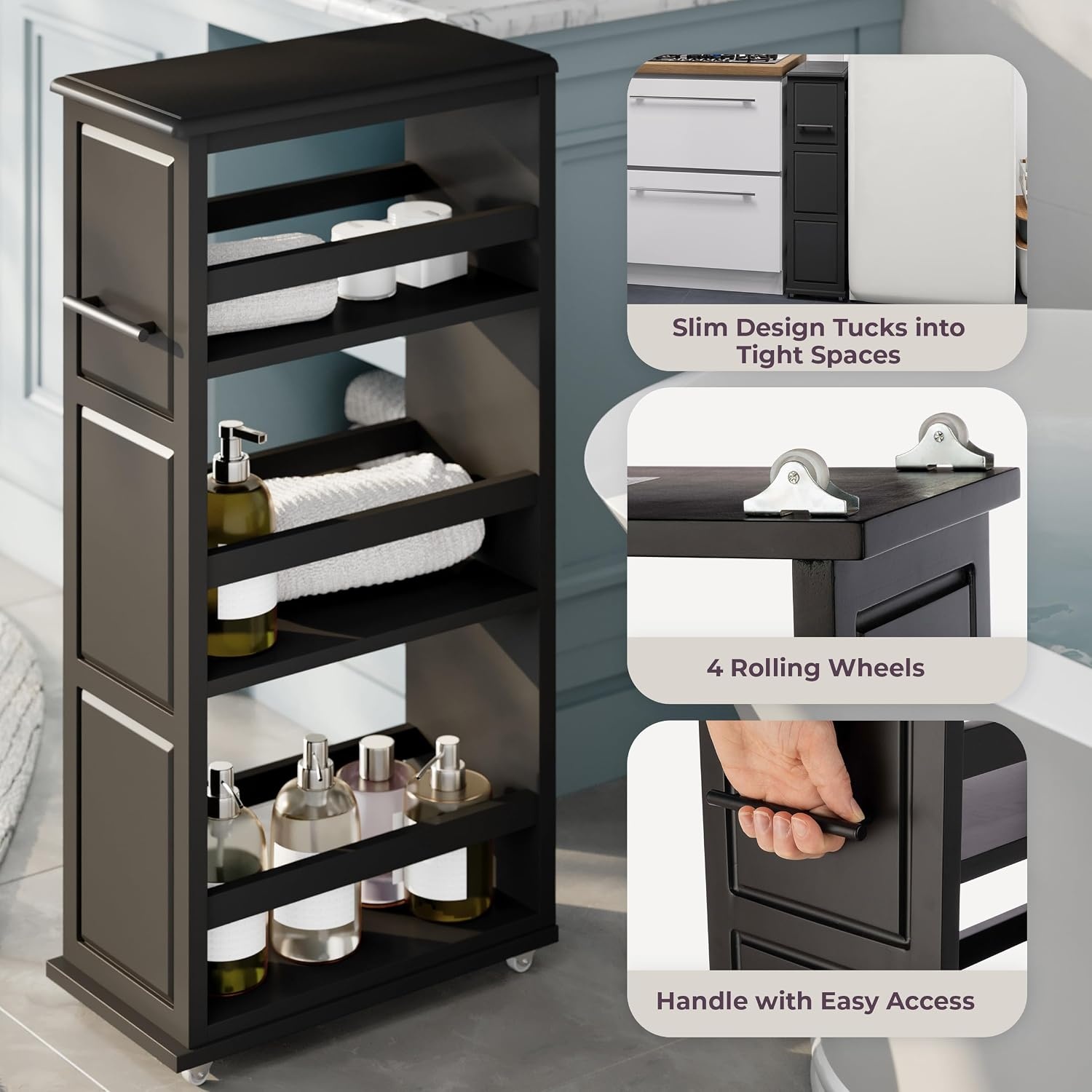image:imageLavish Home 3 Tier Slim Utility Rolling Storage Cart White 25W x 57D Narrow Rolling Cart Storage Organizer with Handle and Wheels for Bathroom Laundry Room and Kitchen PullOut Home OrganizerBlack