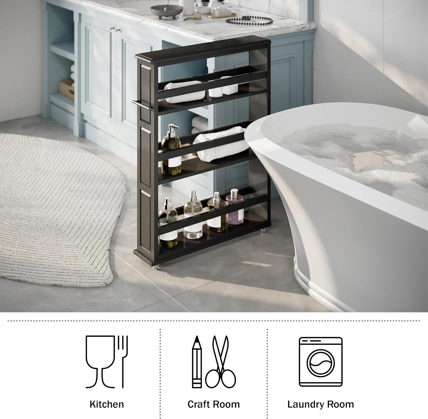 image:imageLavish Home 3 Tier Slim Utility Rolling Storage Cart White 25W x 57D Narrow Rolling Cart Storage Organizer with Handle and Wheels for Bathroom Laundry Room and Kitchen PullOut Home OrganizerBlack