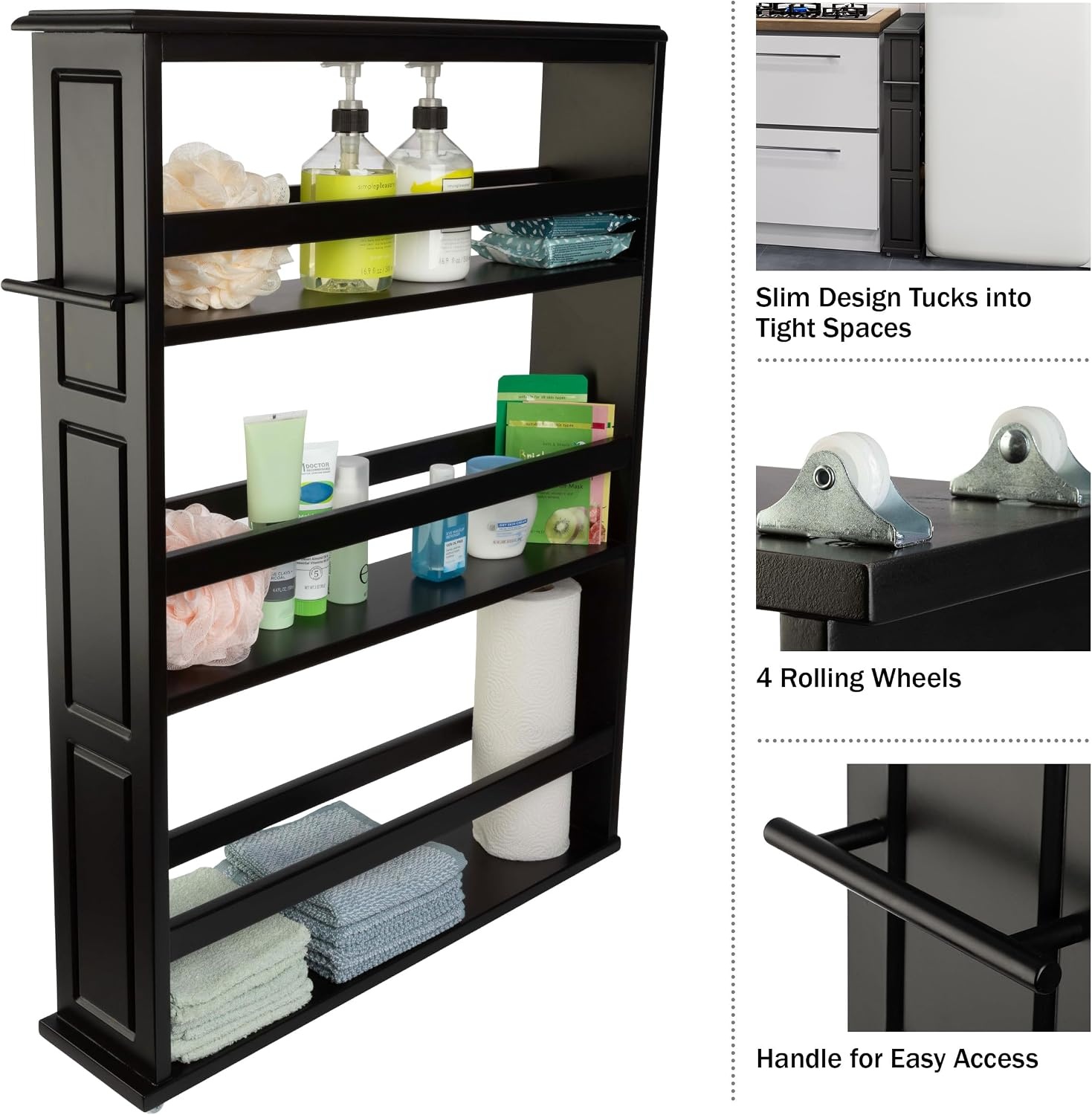 image:imageLavish Home 3 Tier Slim Utility Rolling Storage Cart White 25W x 57D Narrow Rolling Cart Storage Organizer with Handle and Wheels for Bathroom Laundry Room and Kitchen PullOut Home OrganizerBlack