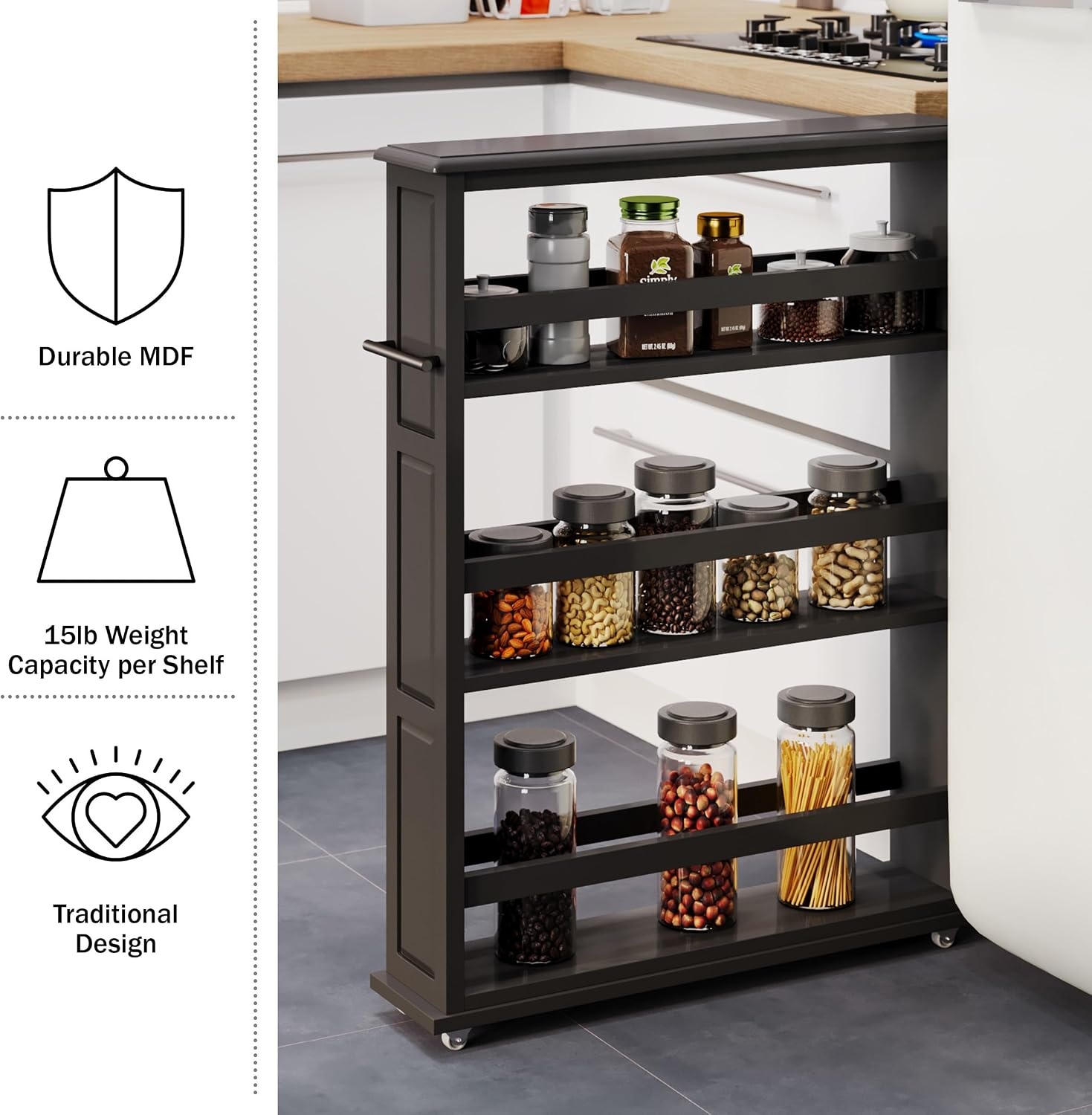 image:imageLavish Home 3 Tier Slim Utility Rolling Storage Cart White 25W x 57D Narrow Rolling Cart Storage Organizer with Handle and Wheels for Bathroom Laundry Room and Kitchen PullOut Home OrganizerBlack