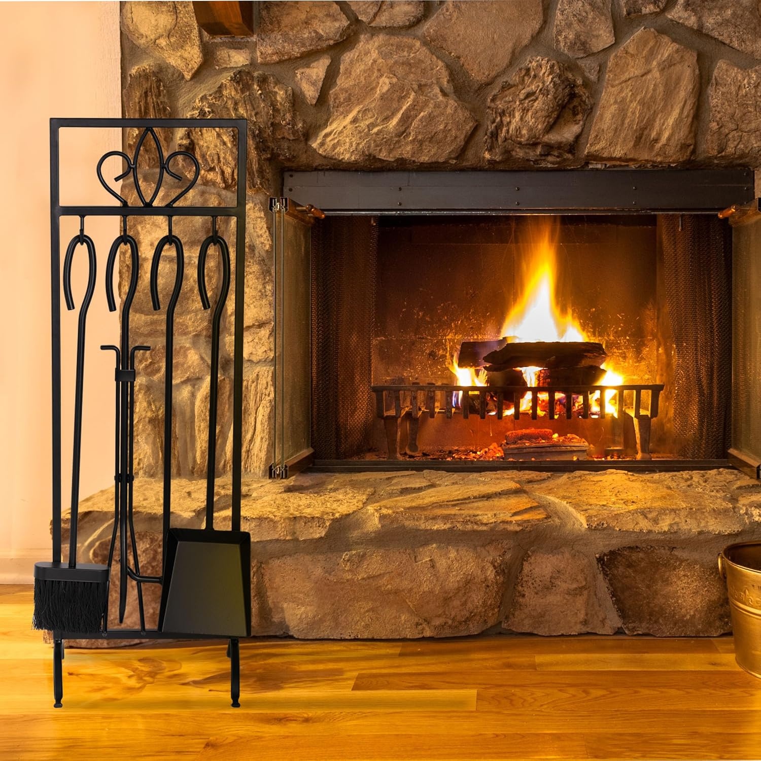image:imageLavish Home 5Piece Fireplace Tools Set Fire Tools for Fire Places Fire Pits and Woodstoves IndoorOutdoor Fireplace Accessories with Poker Tongs Brush Shovel and Stand BlackBlack