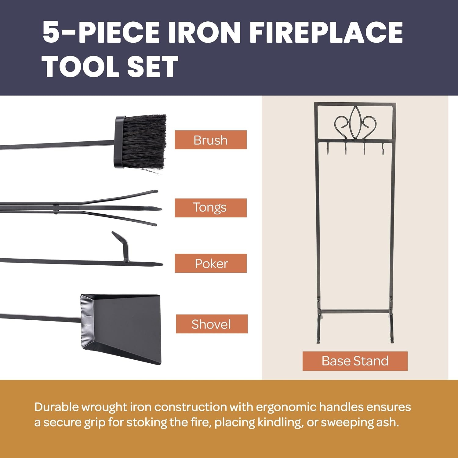 image:imageLavish Home 5Piece Fireplace Tools Set Fire Tools for Fire Places Fire Pits and Woodstoves IndoorOutdoor Fireplace Accessories with Poker Tongs Brush Shovel and Stand BlackBlack