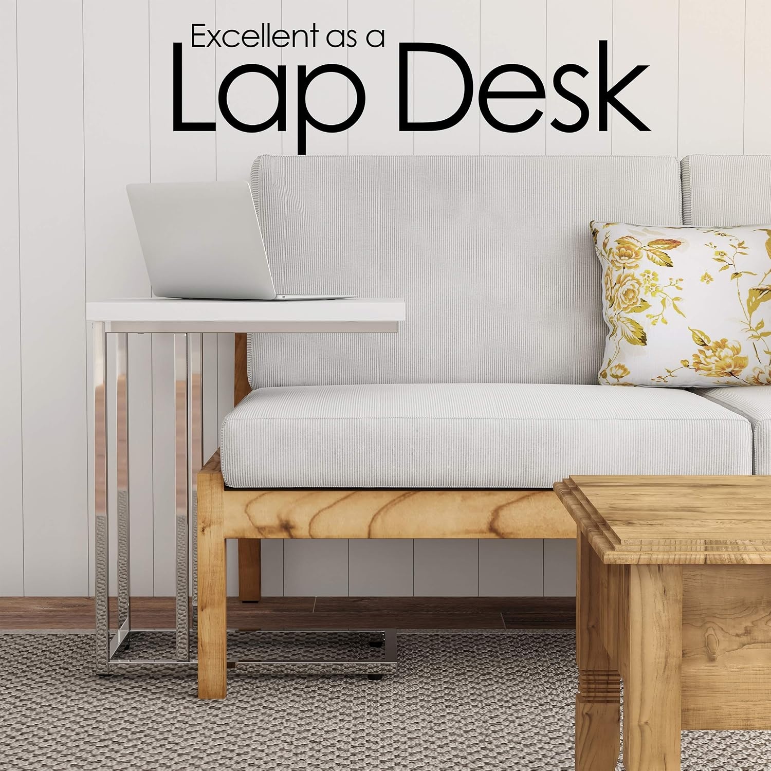 image:imageLavish Home CShaped Sofa Side Table Modern End Table Laptop Tray or Compact Bedside Nightstand Space Saving Furniture by Lavish Home WhiteSingle End Table