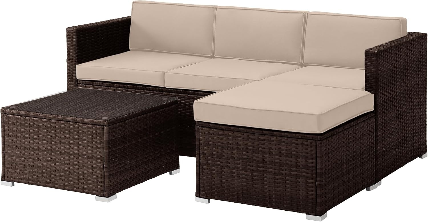 image:imageLavish Home Patio Furniture Set 3Piece Rattan Outdoor Sectional Ottoman and Table Combo Deck Pool Sunroom or Backyard Furniture Brown