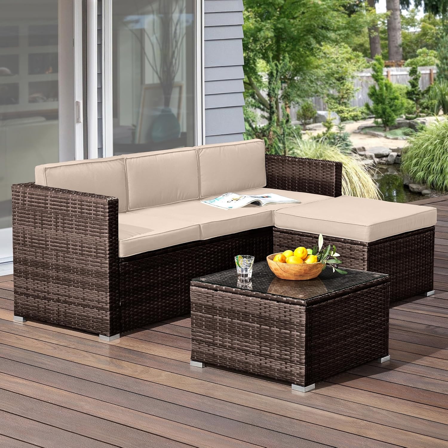 image:imageLavish Home Patio Furniture Set 3Piece Rattan Outdoor Sectional Ottoman and Table Combo Deck Pool Sunroom or Backyard Furniture Brown