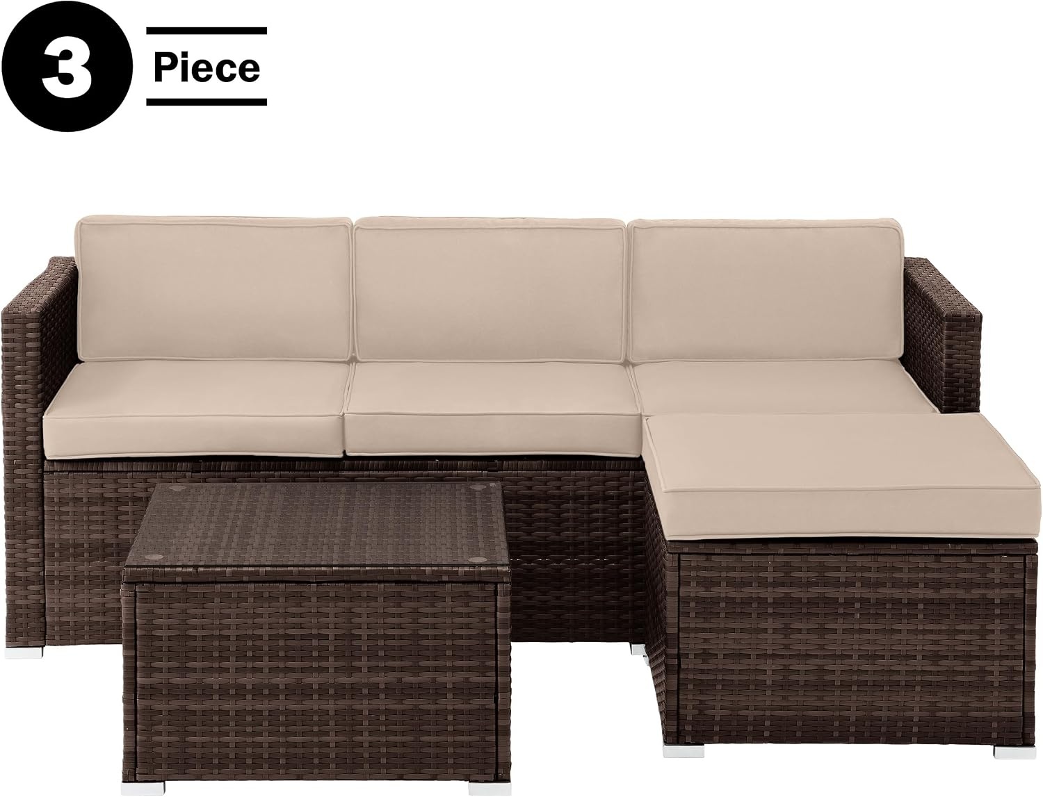 image:imageLavish Home Patio Furniture Set 3Piece Rattan Outdoor Sectional Ottoman and Table Combo Deck Pool Sunroom or Backyard Furniture Brown